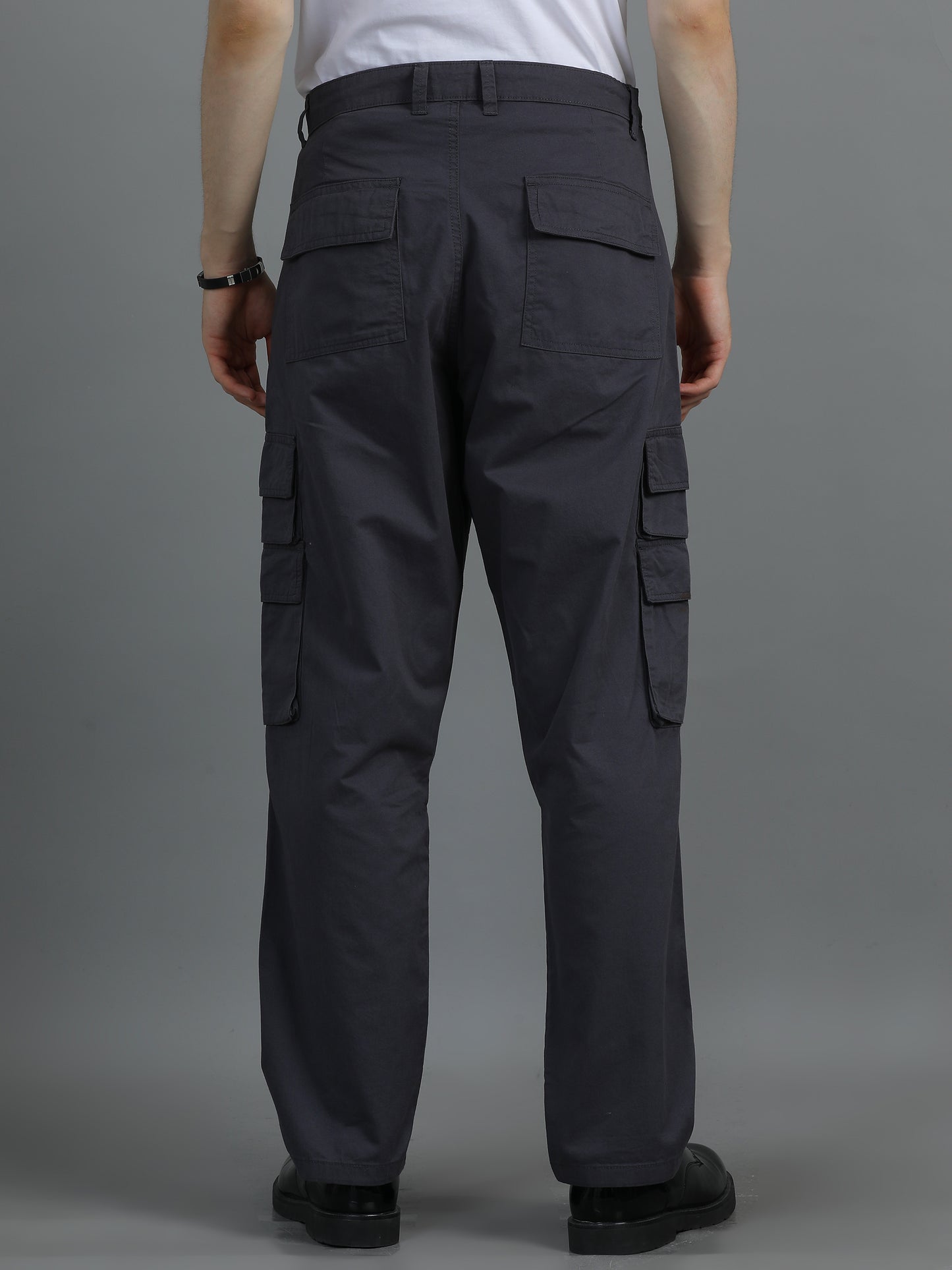 Men Cotton Relaxed Fit Cargo Trousers, Dark Grey