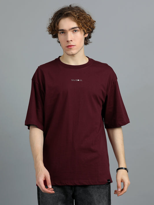 Men Maroon Brand Logo Solid Oversized T-Shirt