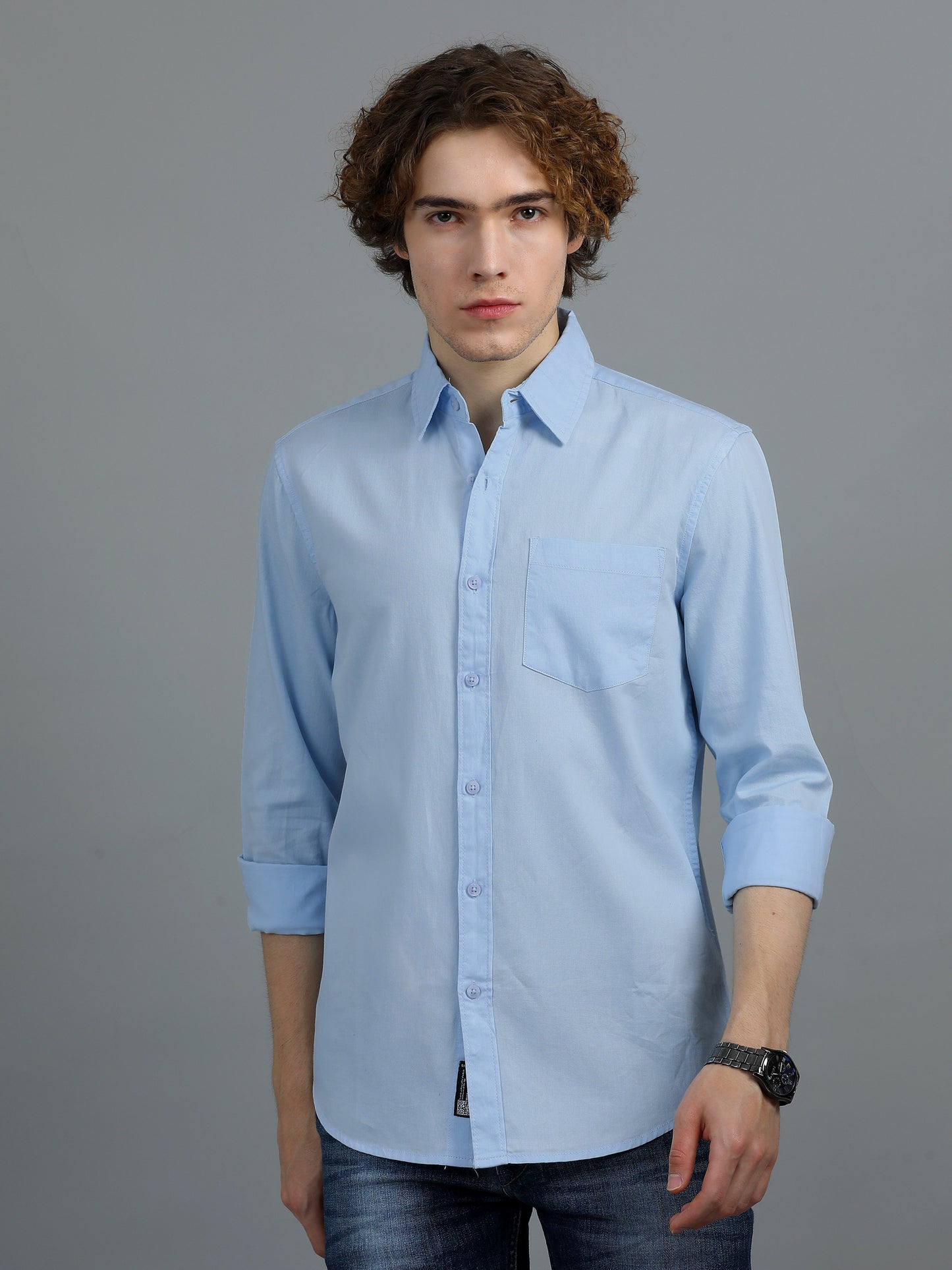 Textured Men Shirt, Regular Fit, Pure Cotton, Full Sleeve, Light Blue