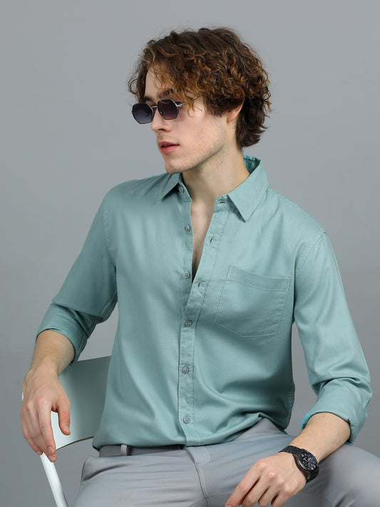 Textured Men Shirt, Regular Fit, Pure Cotton, Full Sleeve, Sea Green