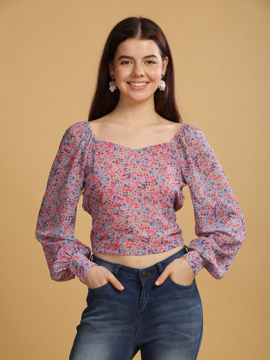 Women Floral Top, Full Sleeve, Polyester, Mutilcolour
