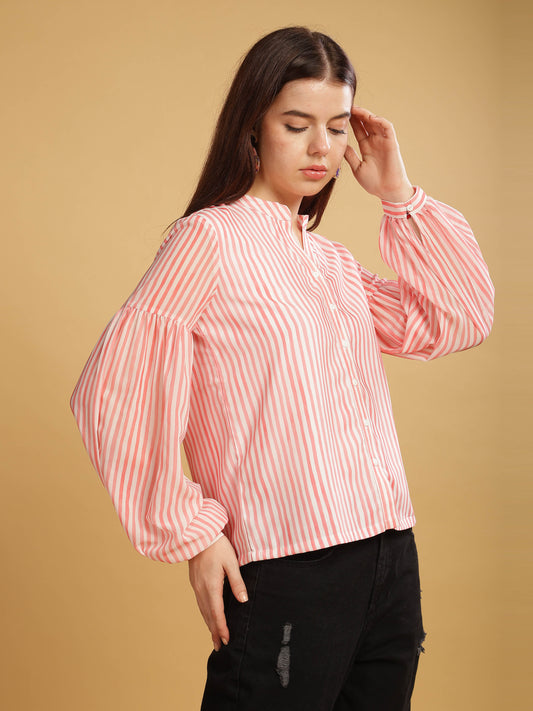Women Pink Striped Mandarin Collar Shirt