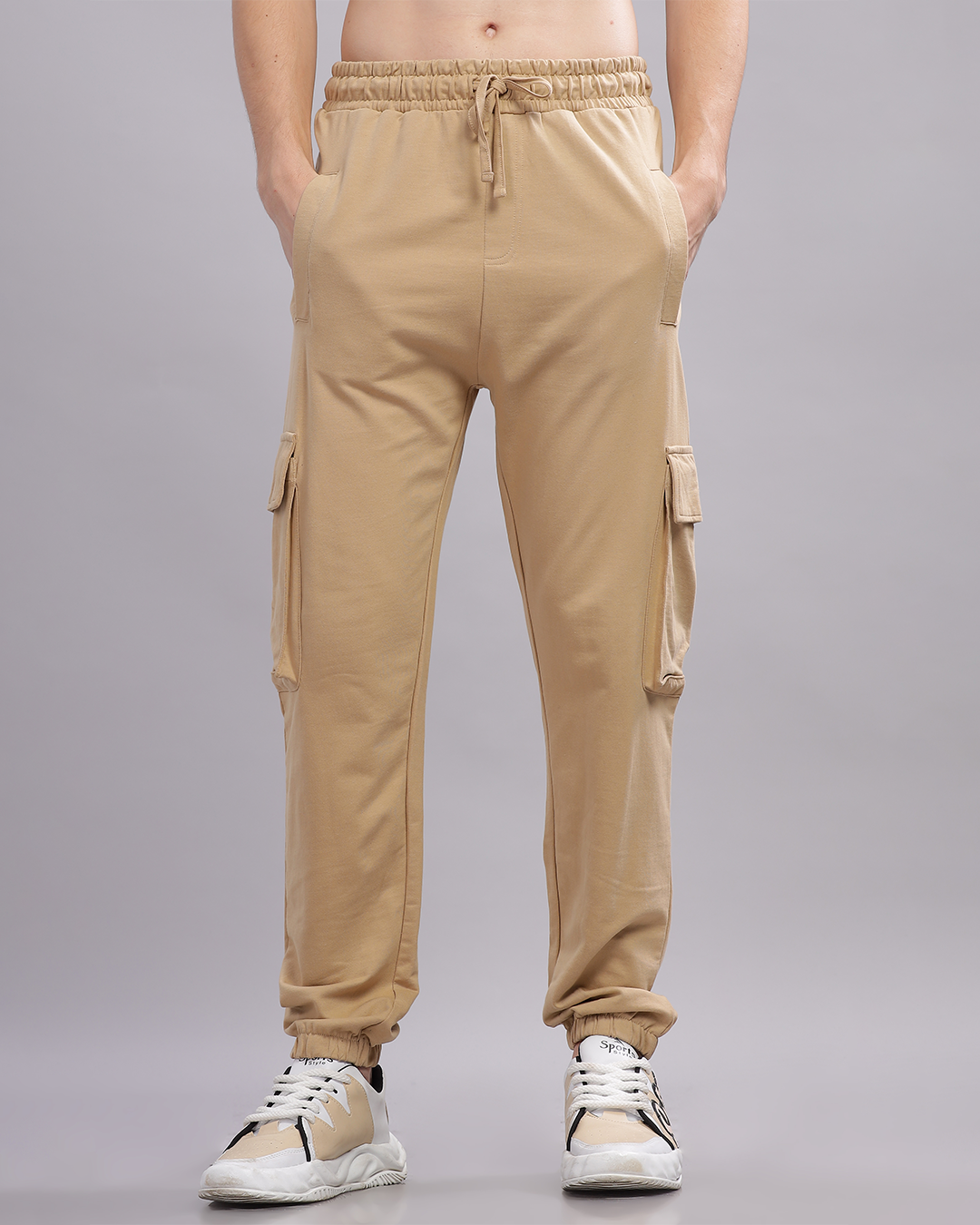 Men Cotton Regular Fit Cargo joggers, Beige