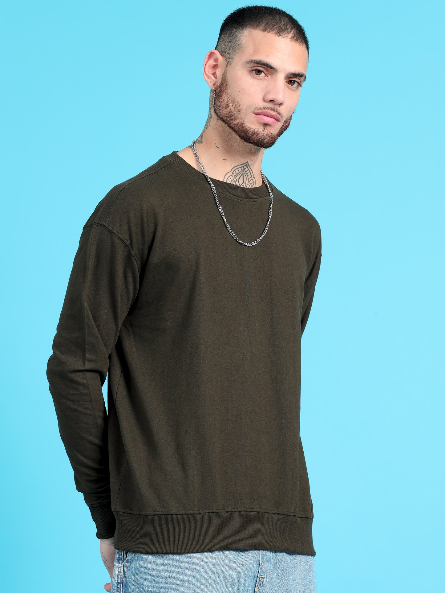 Men Dark Olive Long Sleeve Solid Oversized T-Shirt