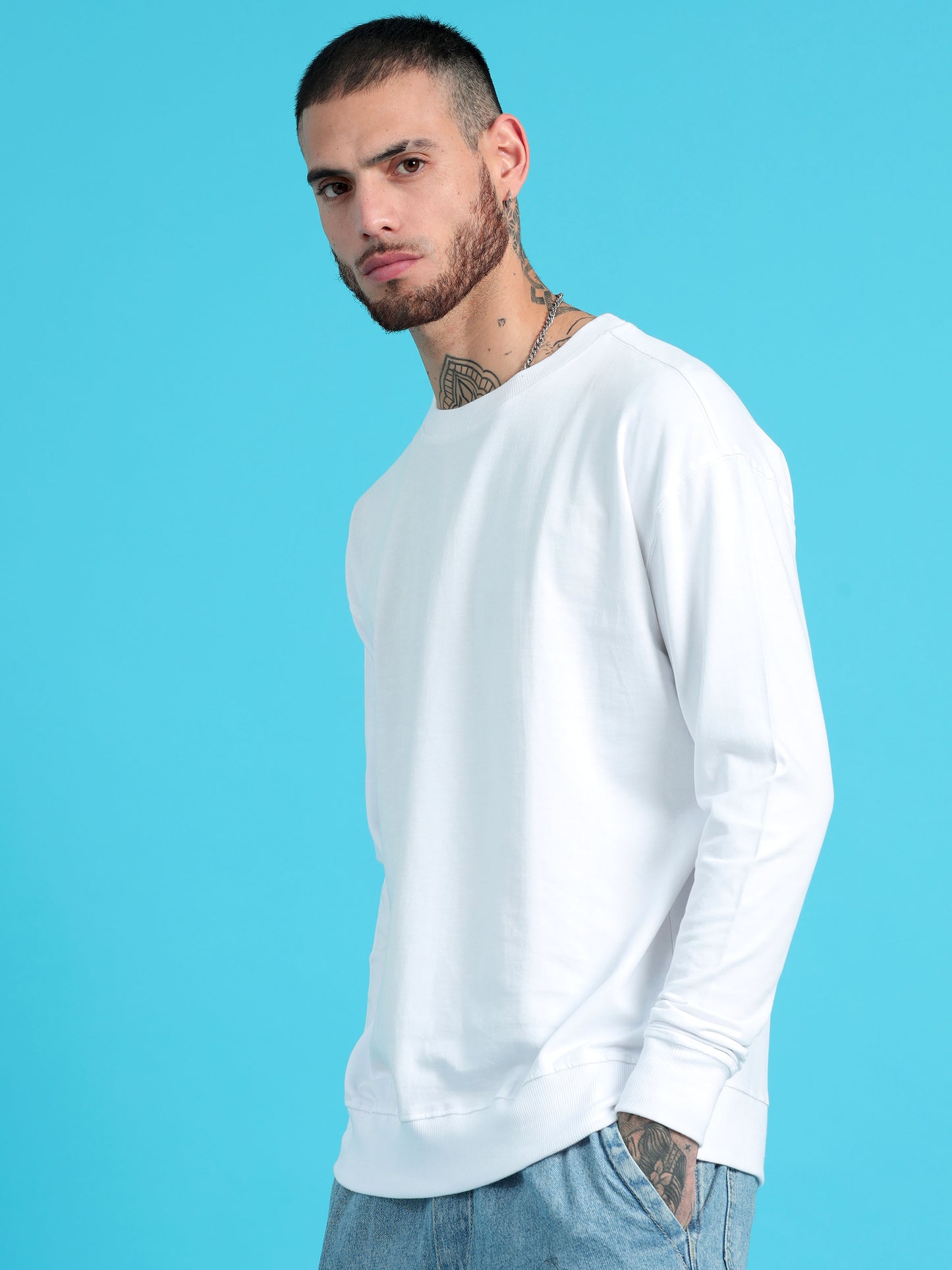 Men White Long Sleeve Solid Oversized T-Shirt
