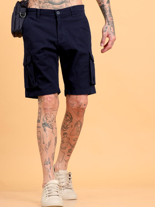 Men Cotton Regular Fit Cargo Shorts, NAVY BLUE SILISOUL