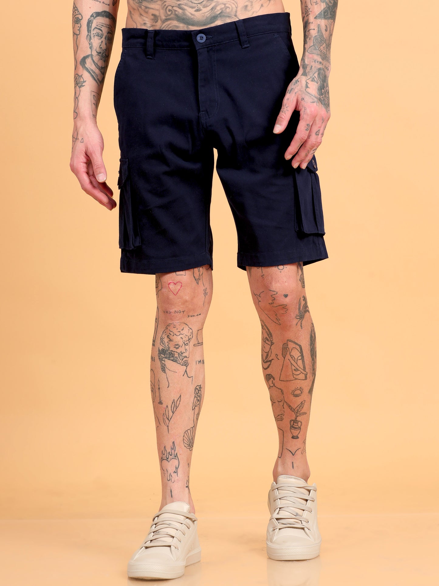 Men Cotton Regular Fit Cargo Shorts, NAVY BLUE