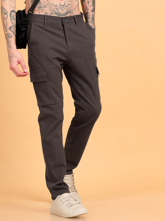 Men Cotton Regular Fit Cargo Trousers, Dark Grey