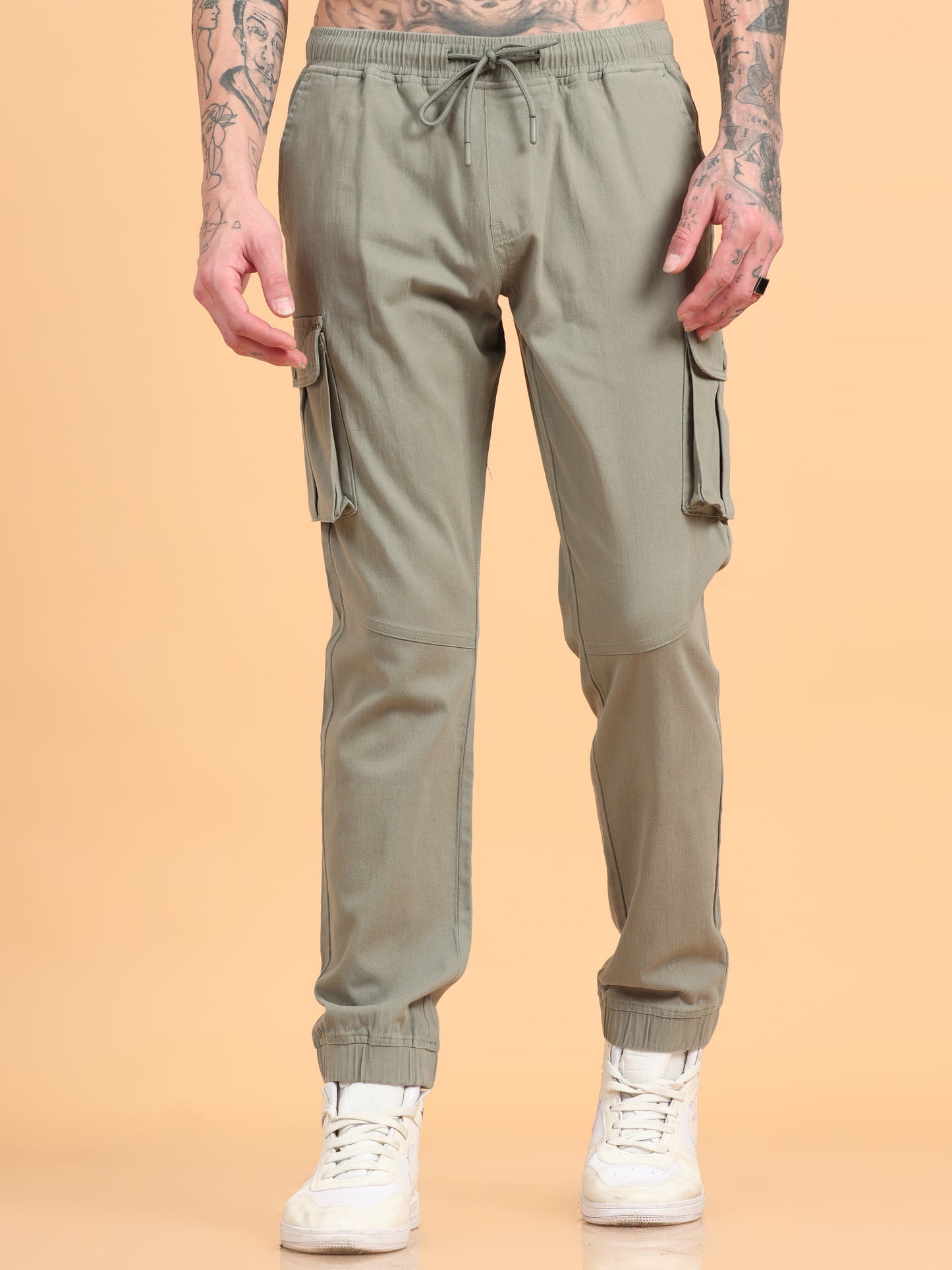 Men Cotton Regular Fit Cargo Joggers, SAGE