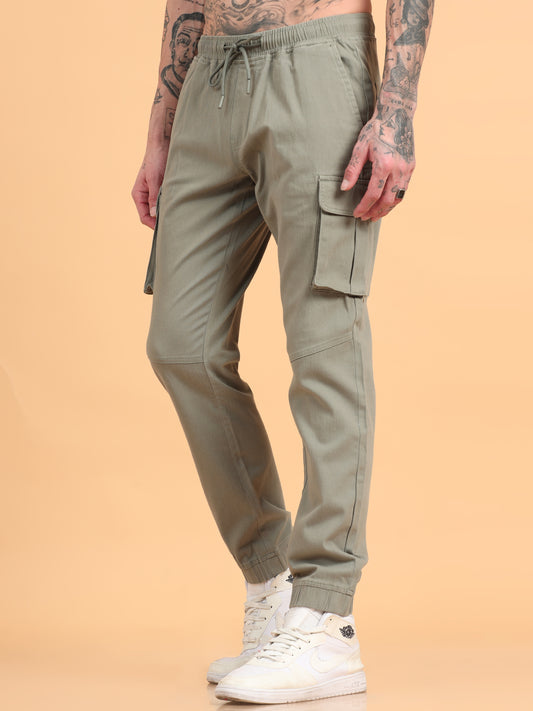 Men Cotton Regular Fit Cargo Joggers, SAGE