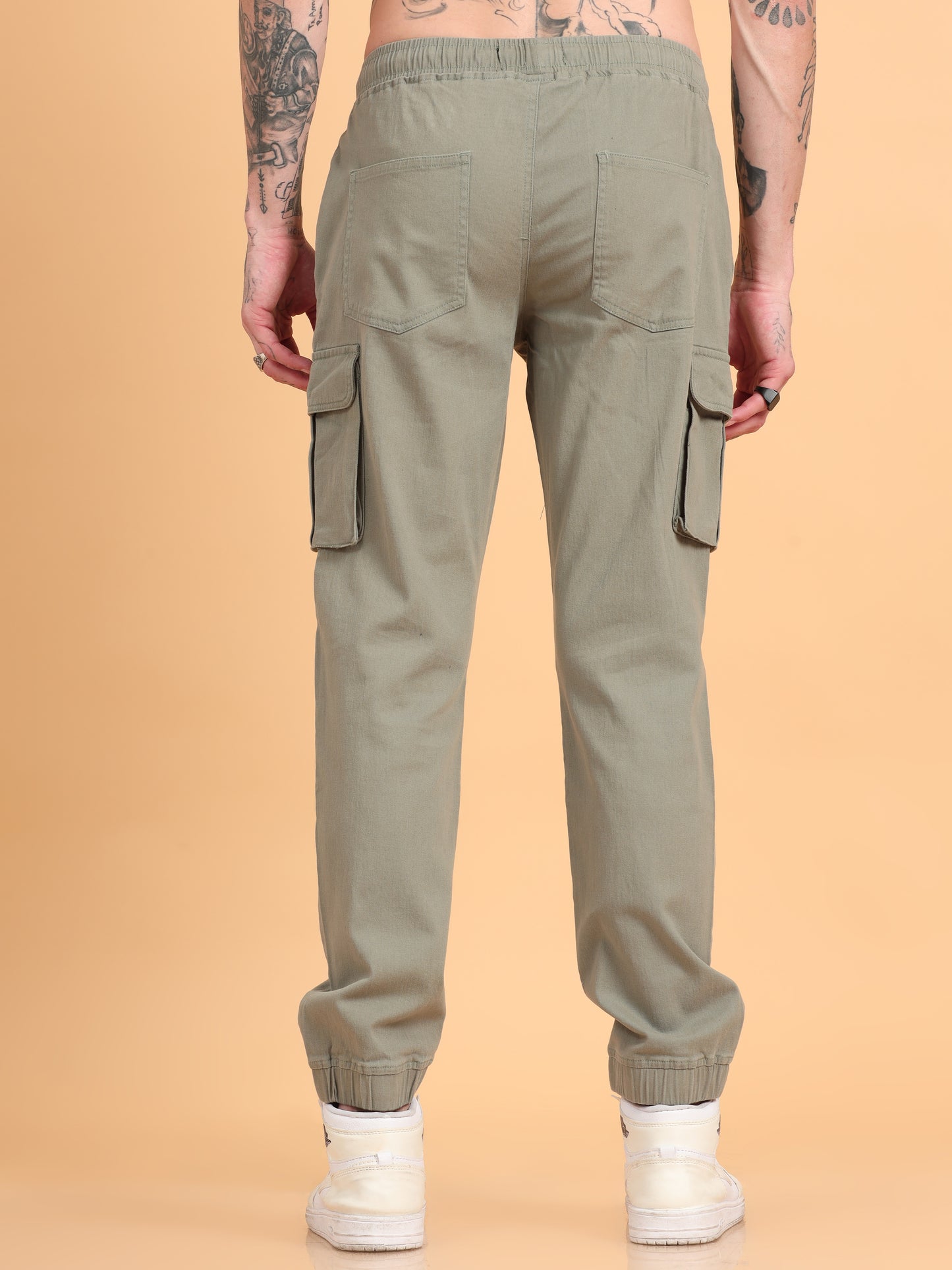 Men Cotton Regular Fit Cargo Joggers, SAGE