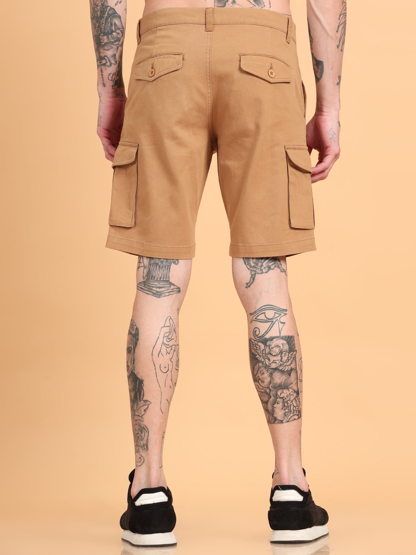 Men Cotton Regular Fit Cargo Shorts, KHAKI