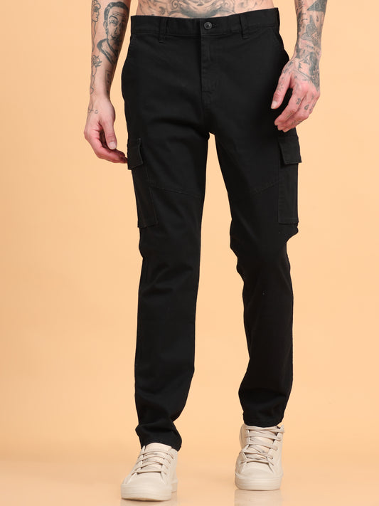 Men Cotton Regular Fit Cargo Trousers, BLACK