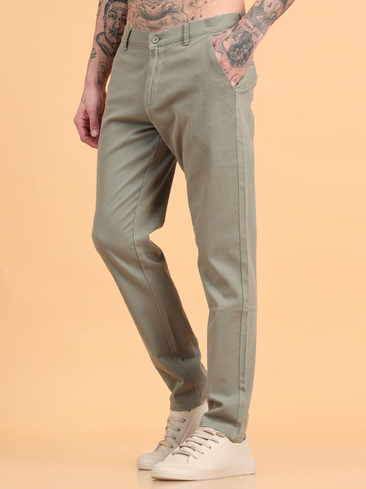 Men Cotton Regular Fit Trousers, SAGE
