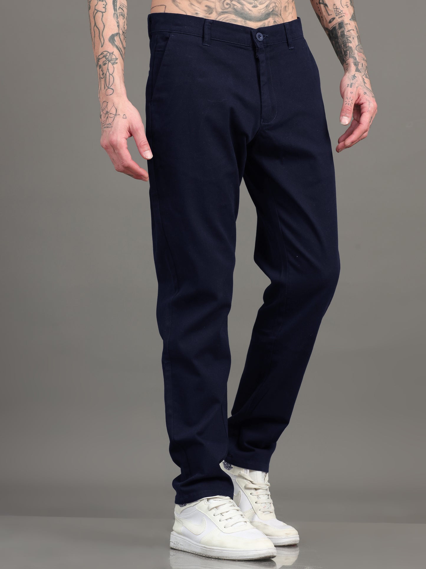 Men Cotton Regular Fit Trousers, NAVY BLUE