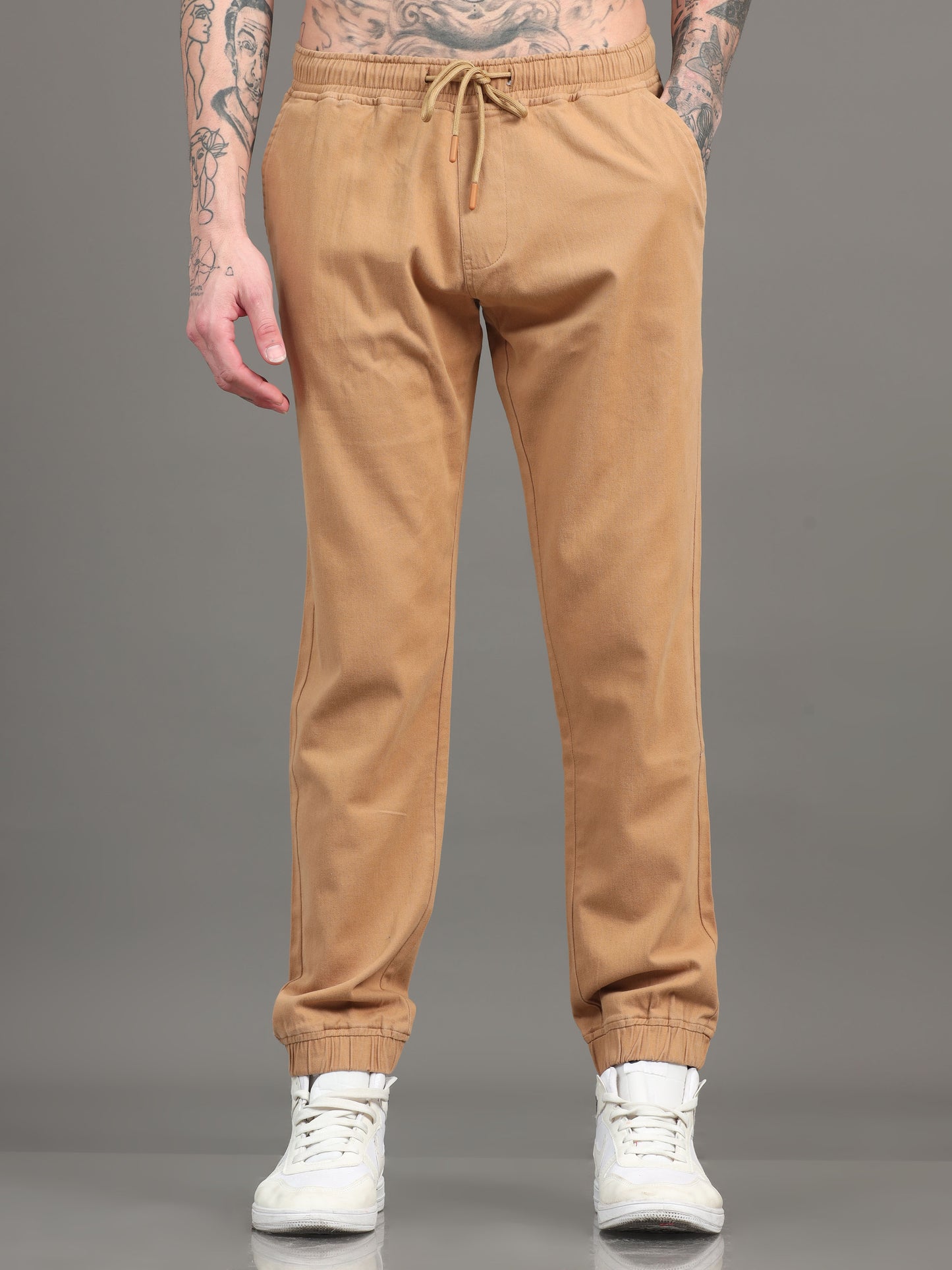 Men Cotton Regular Fit Joggers, KHAKI