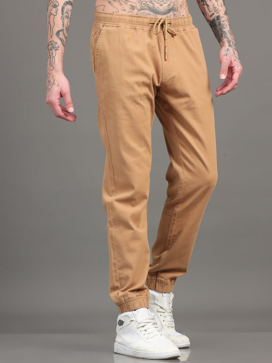 Men Cotton Regular Fit Joggers, KHAKI