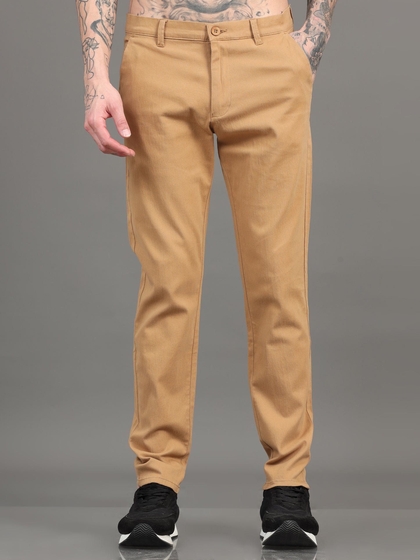 Men Cotton Regular Fit Trousers, KHAKI