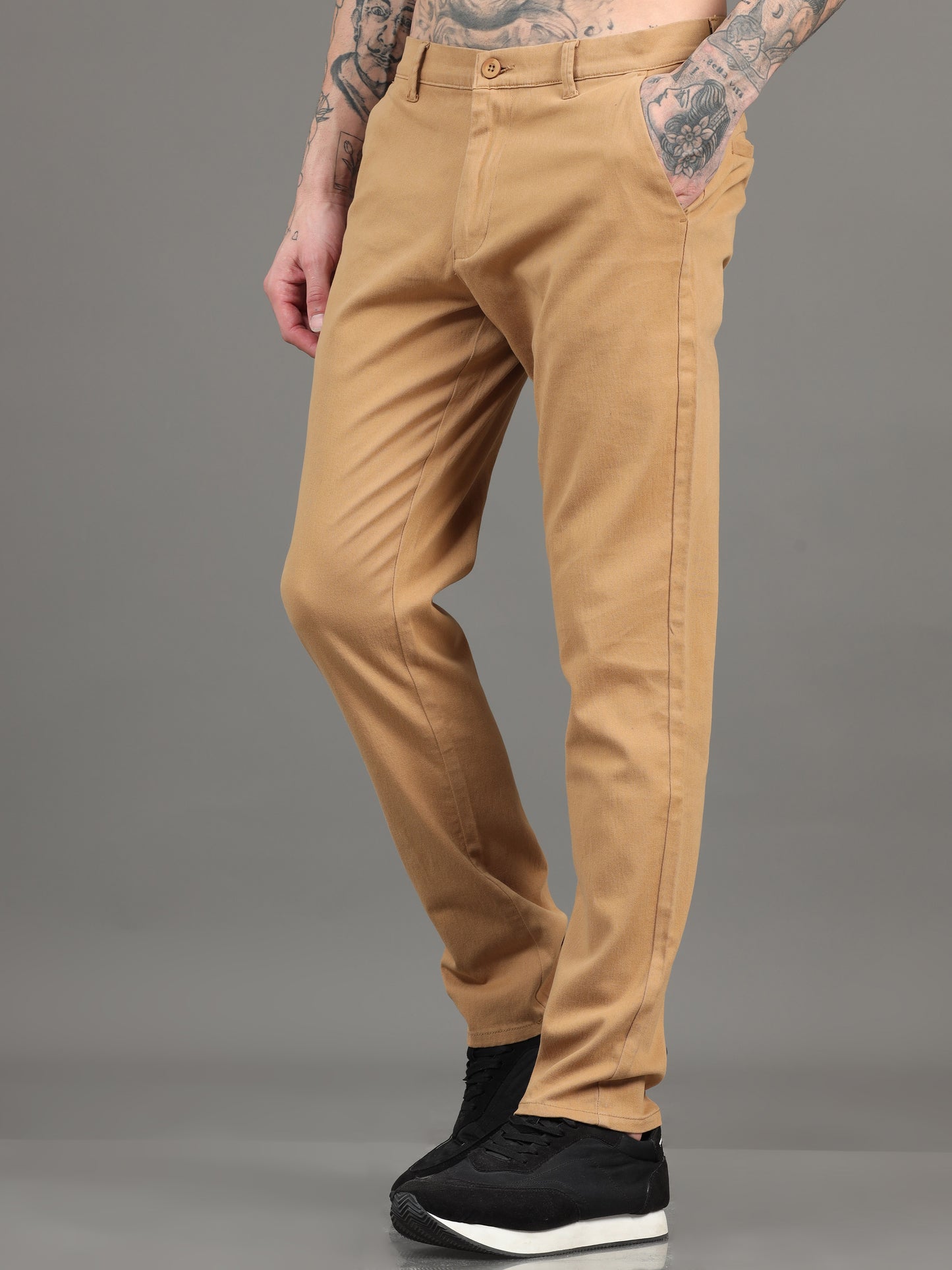 Men Cotton Regular Fit Trousers, KHAKI