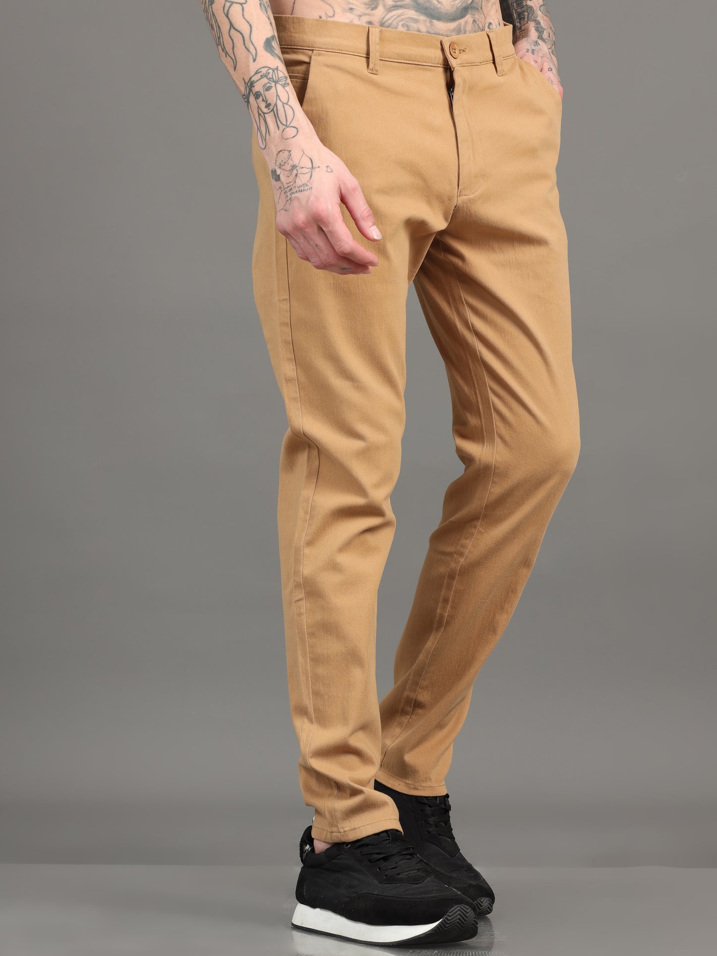 Men Cotton Regular Fit Trousers, KHAKI