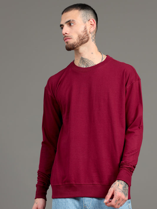 Men Maroon Long Sleeve Solid Oversized T-Shirt