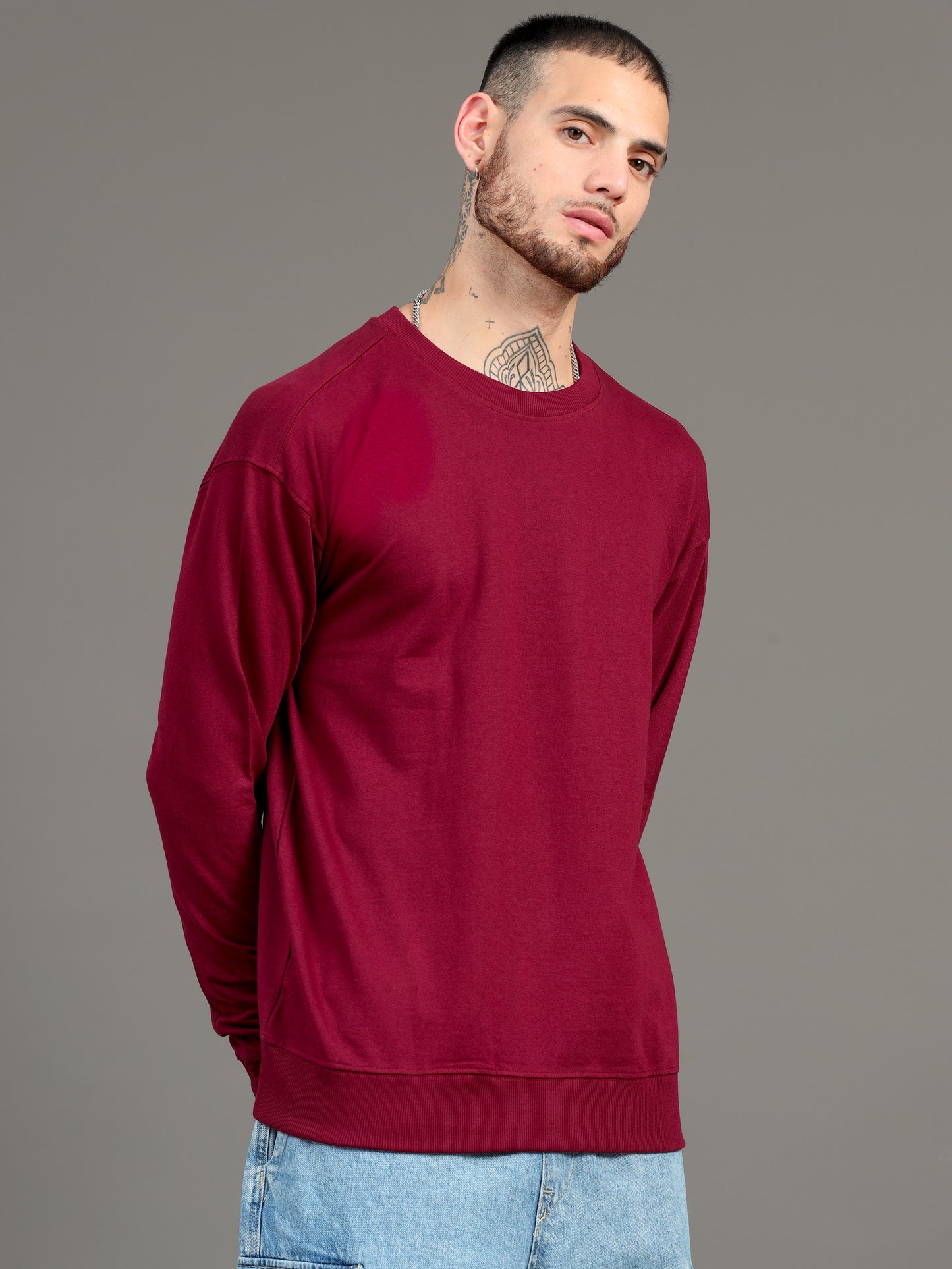 Men Maroon Long Sleeve Solid Oversized T-Shirt