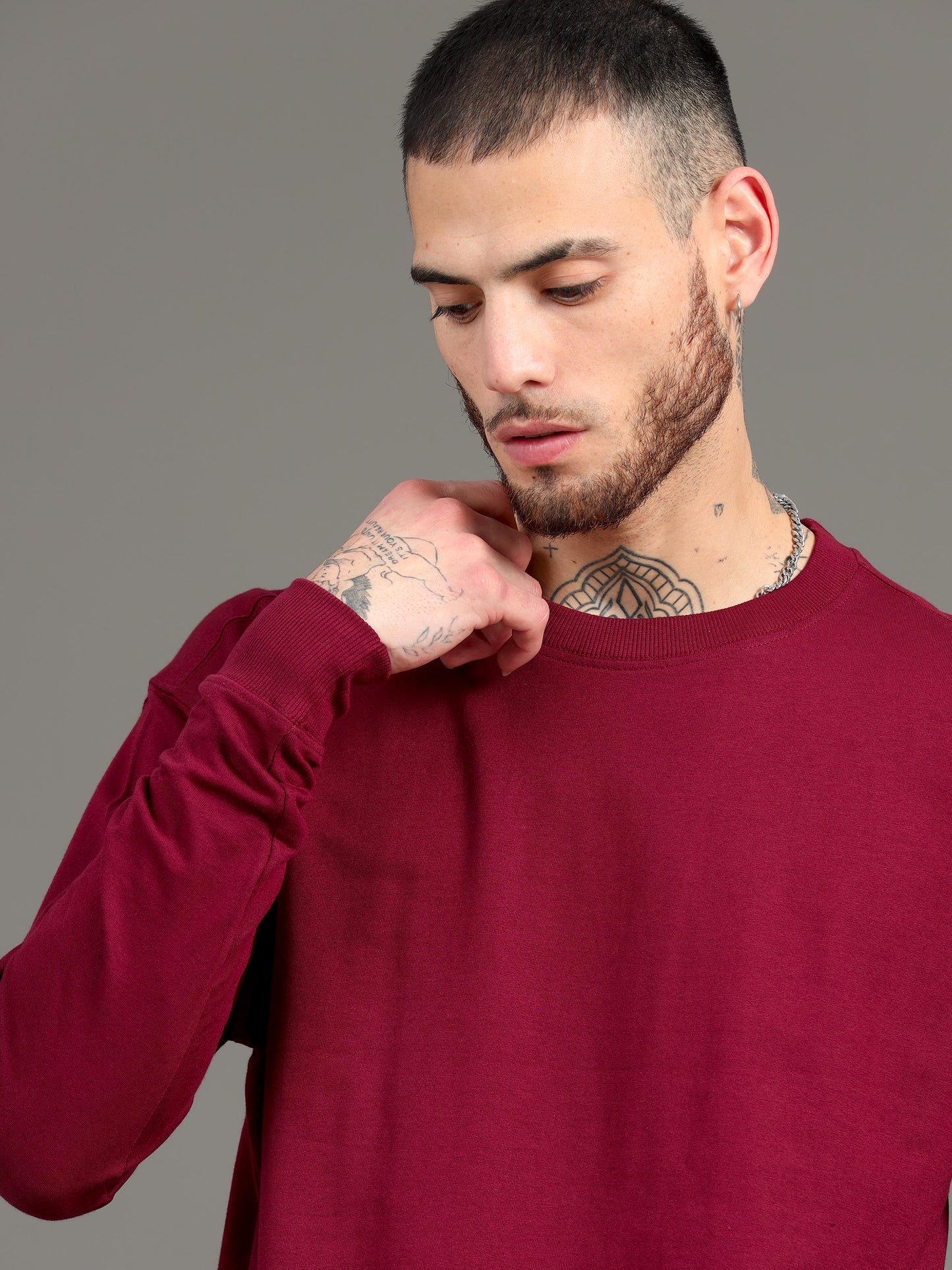 Men Maroon Long Sleeve Solid Oversized T-Shirt SILISOUL