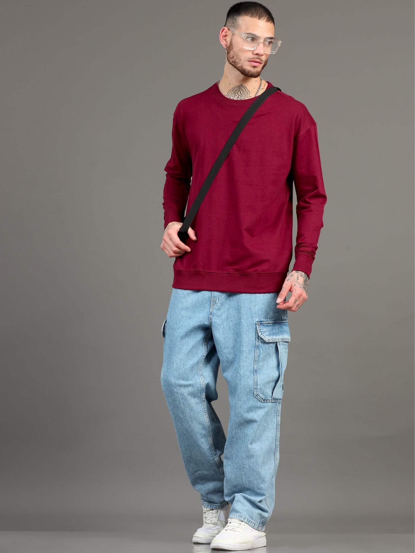 Men Maroon Long Sleeve Solid Oversized T-Shirt SILISOUL