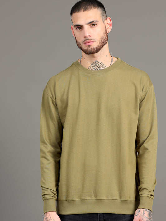 Men Olive Long Sleeve Solid Oversized T-Shirt