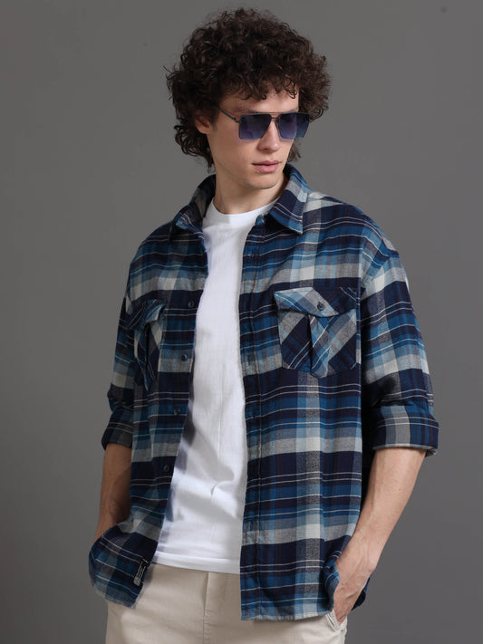Premium Men Shirt, Relaxed Fit, Yarn Dyed Flannel Check, Pure Cotton, Full Sleeve, Blue