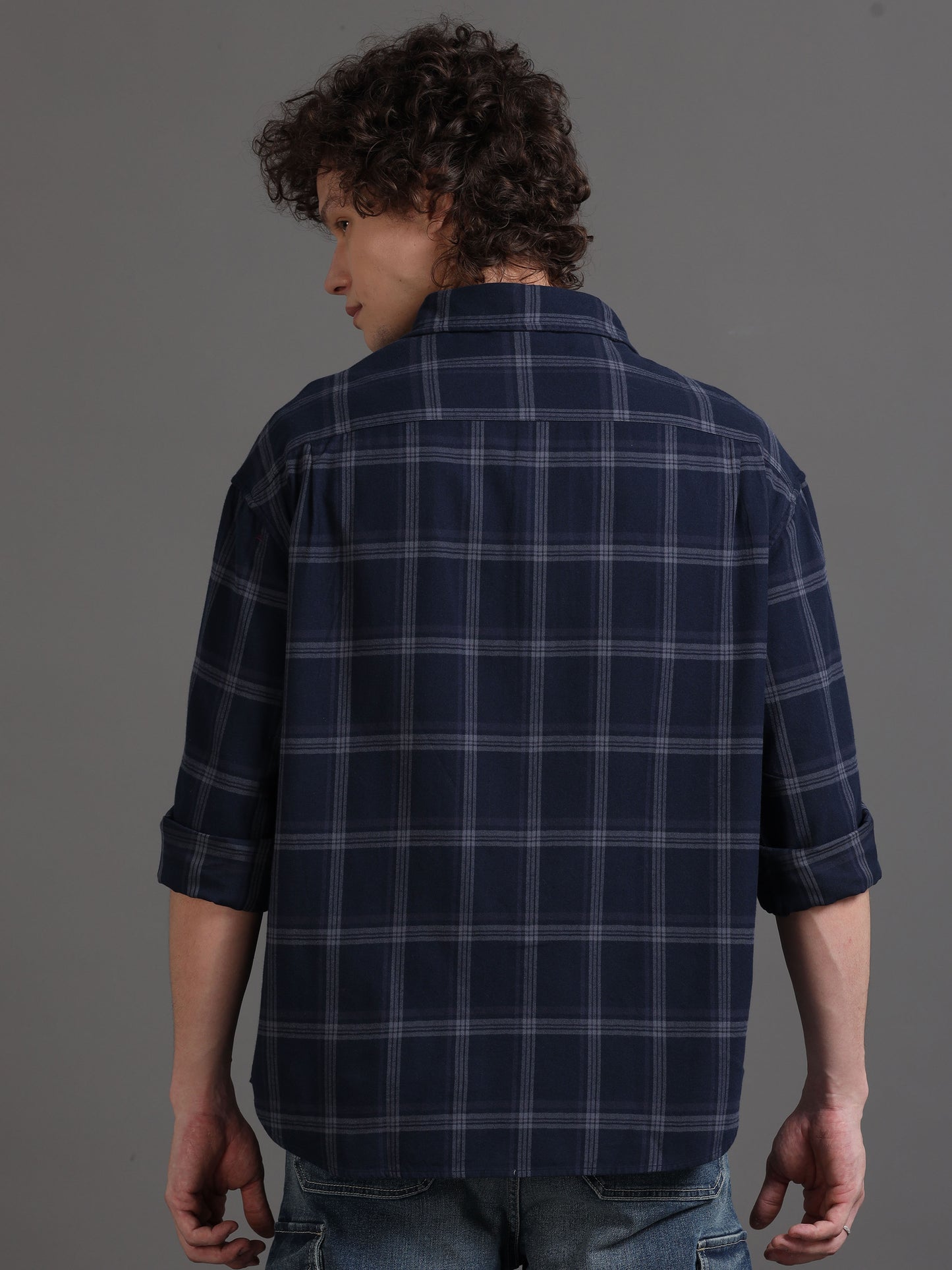 Premium Men Shirt, Relaxed Fit, Yarn Dyed Check, Pure Cotton, Full Sleeve, Navy Blue