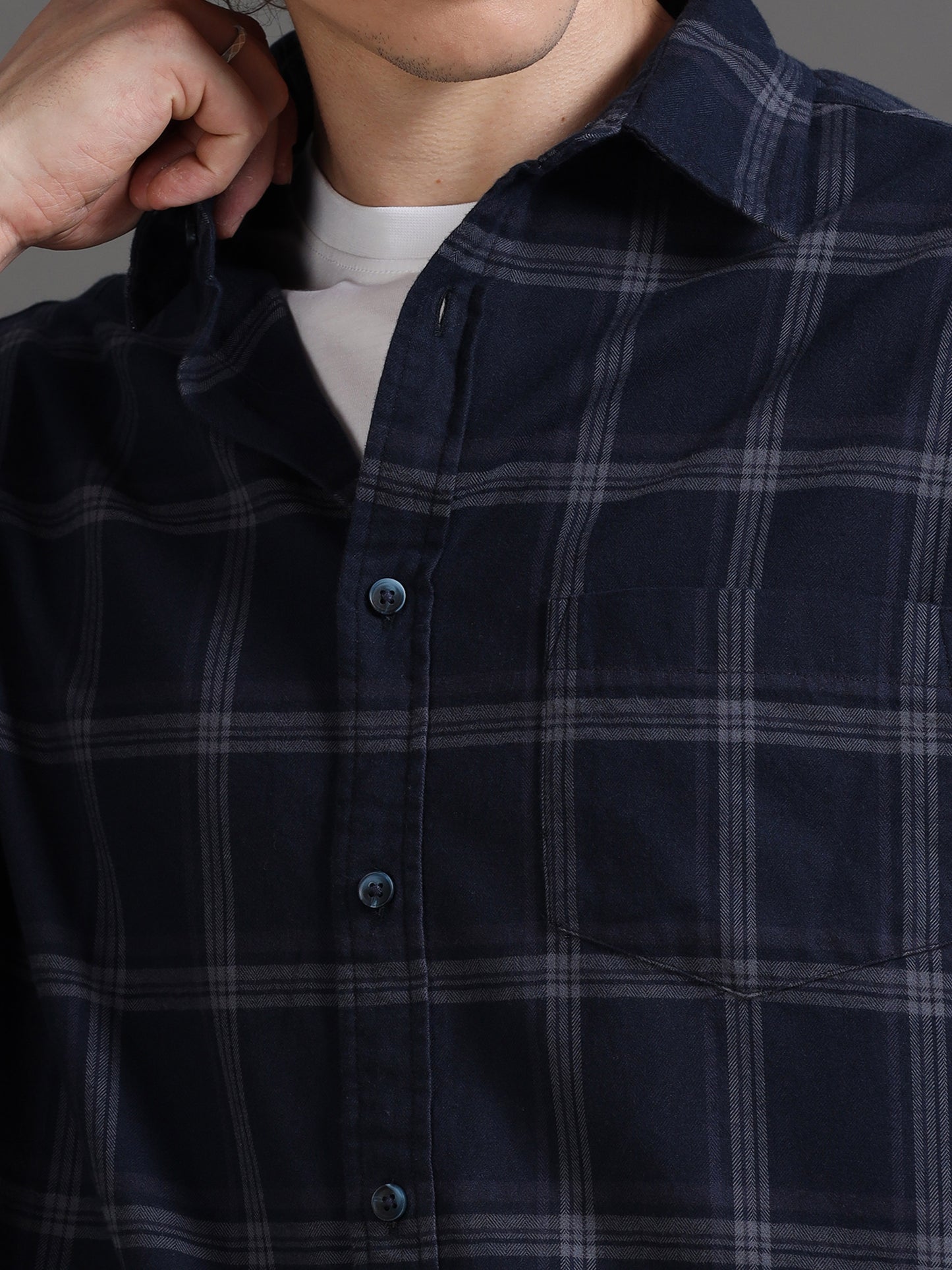 Premium Men Shirt, Relaxed Fit, Yarn Dyed Check, Pure Cotton, Full Sleeve, Navy Blue