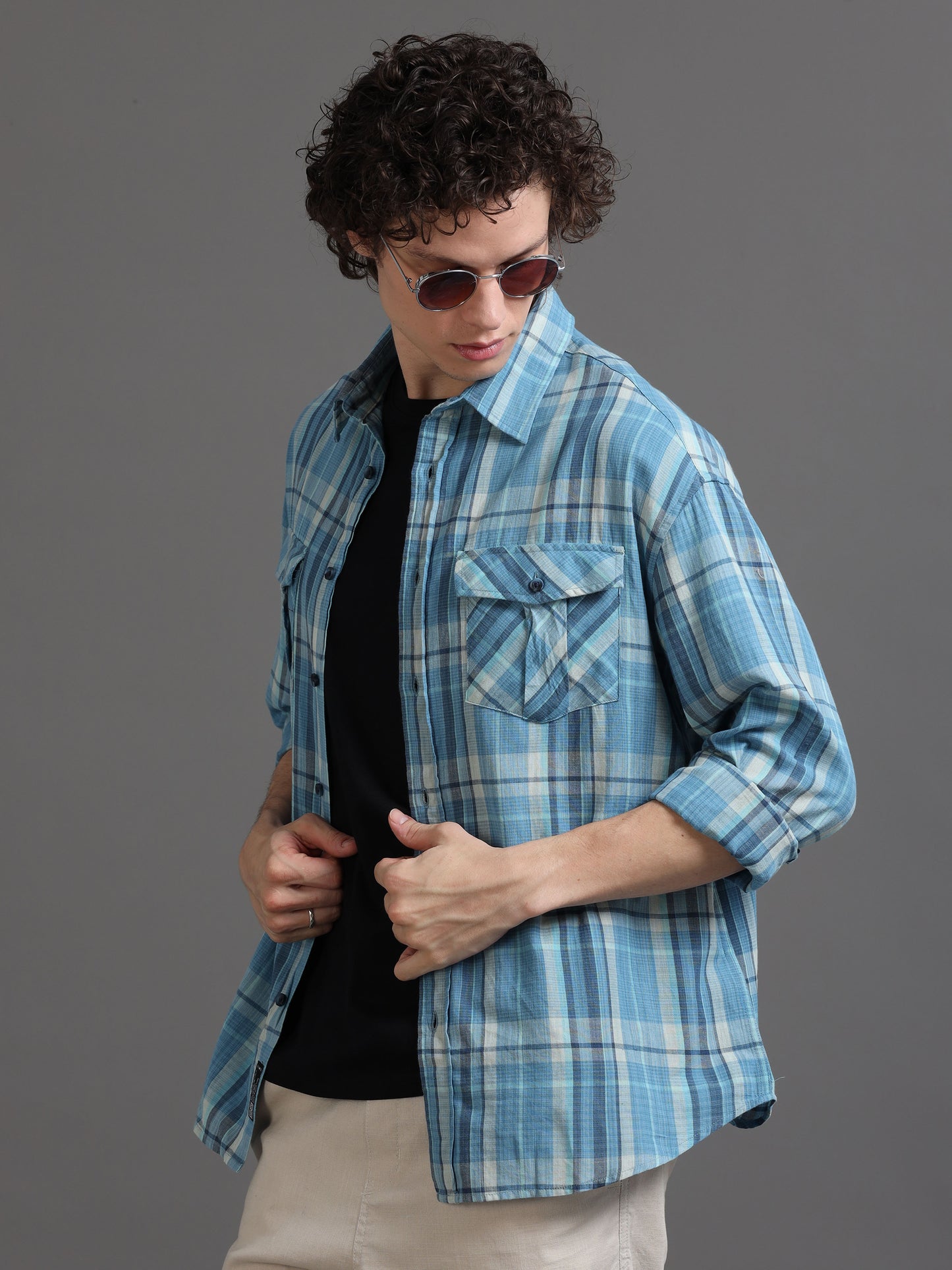 Premium Men Shirt, Relaxed Fit, Yarn Dyed Flannel Check, Pure Cotton, Full Sleeve, Sky Blue