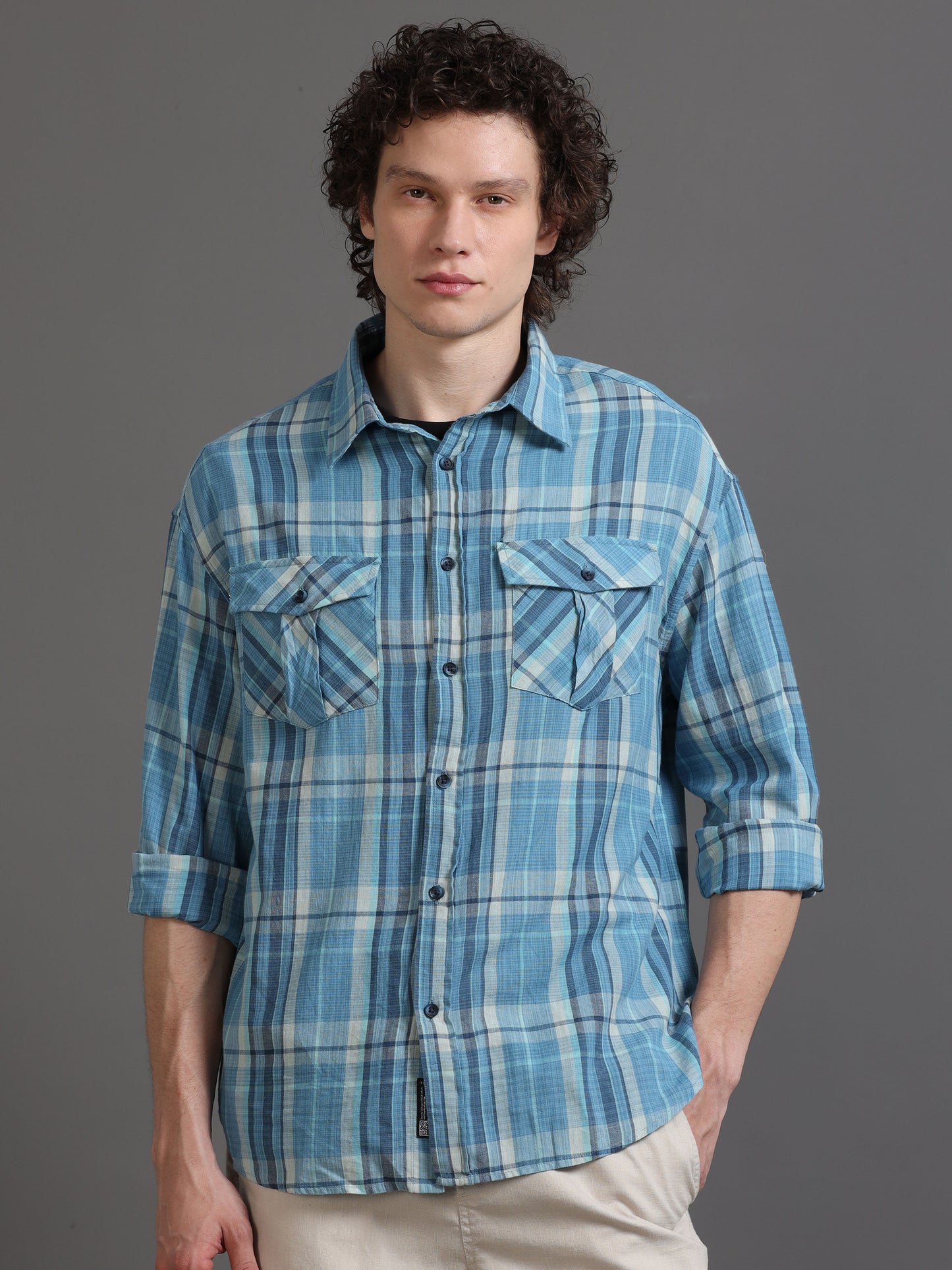 Premium Men Shirt, Relaxed Fit, Yarn Dyed Flannel Check, Pure Cotton, Full Sleeve, Sky Blue