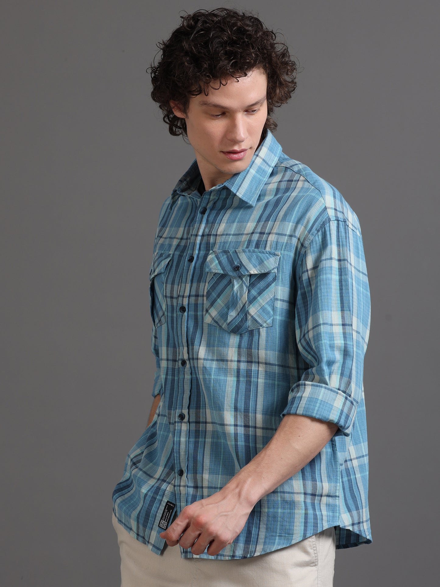 Premium Men Shirt, Relaxed Fit, Yarn Dyed Flannel Check, Pure Cotton, Full Sleeve, Sky Blue