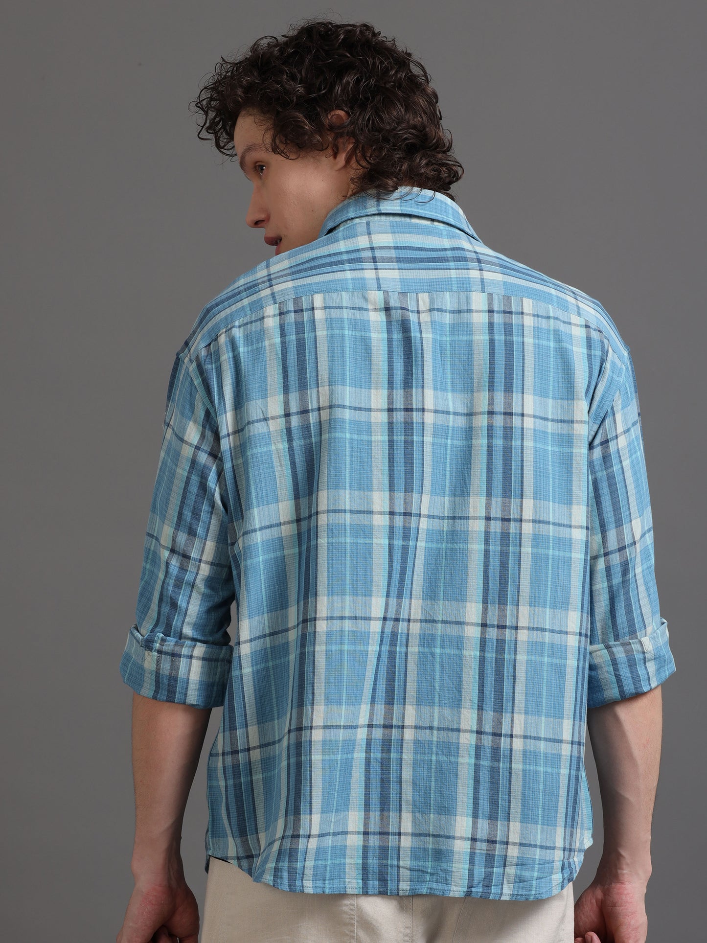 Premium Men Shirt, Relaxed Fit, Yarn Dyed Flannel Check, Pure Cotton, Full Sleeve, Sky Blue