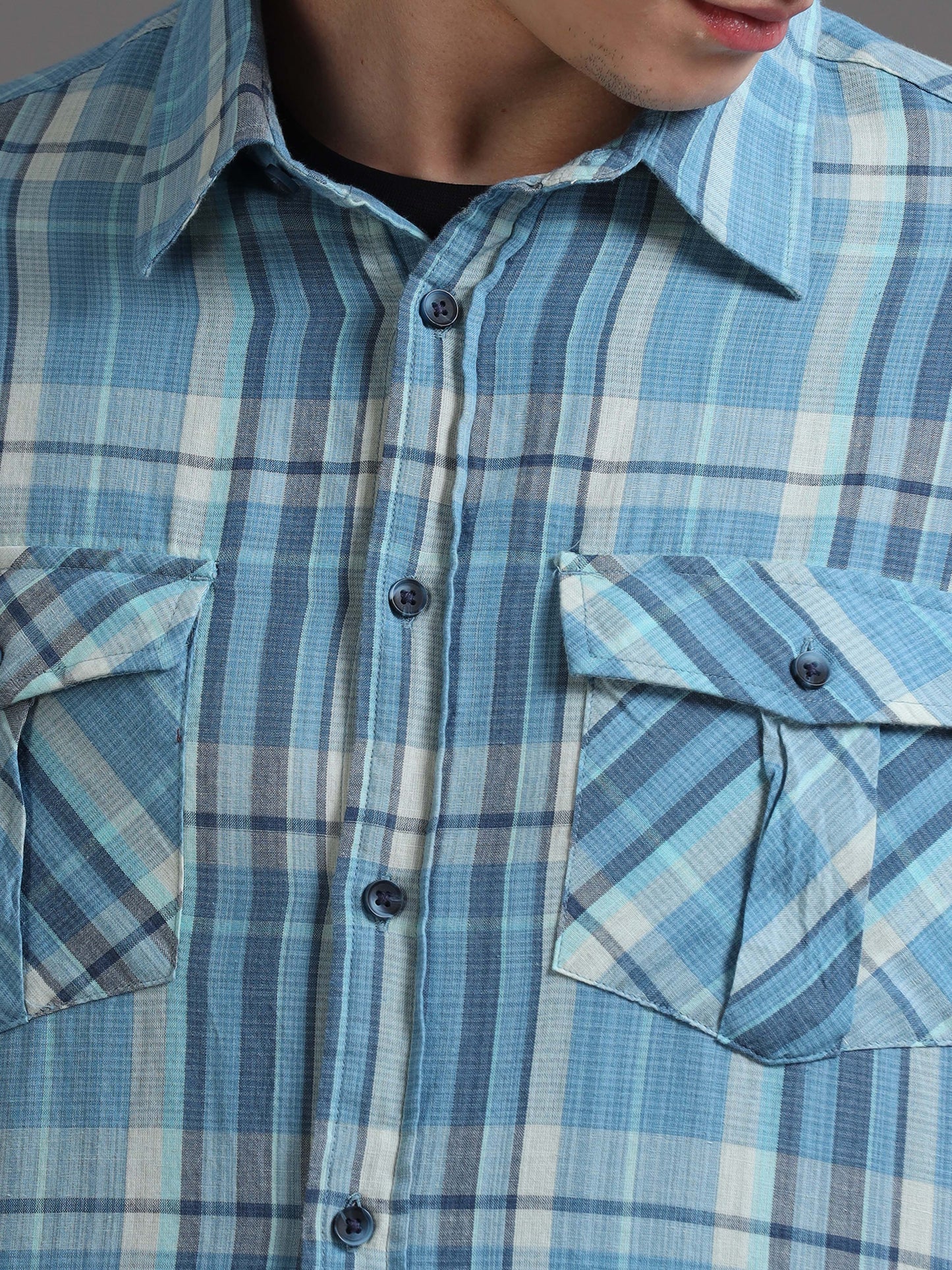 Premium Men Shirt, Relaxed Fit, Yarn Dyed Flannel Check, Pure Cotton, Full Sleeve, Sky Blue