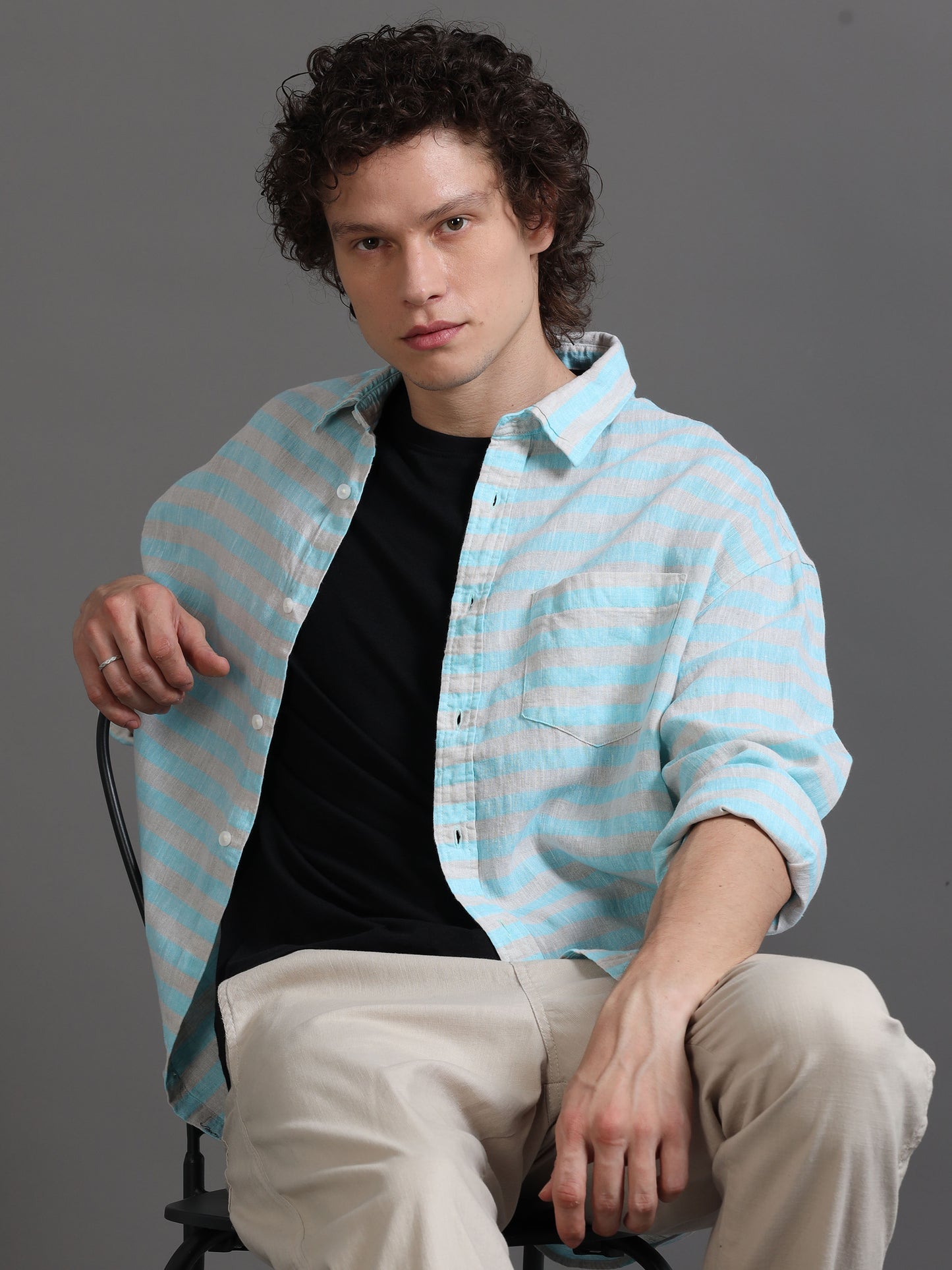 Premium Men LINEN Shirt, Relaxed Fit, Yarn Dyed Stripes, Full Sleeve, Sky Blue