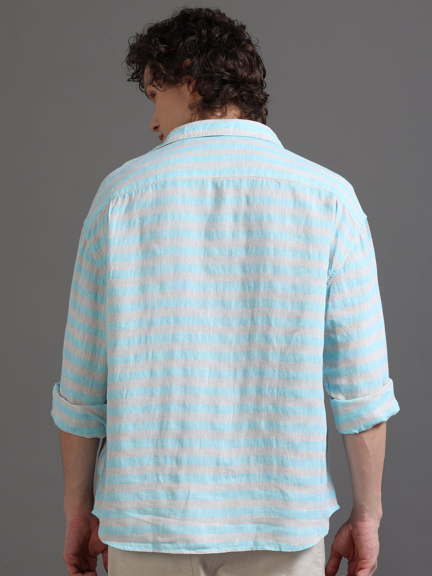 Premium Men LINEN Shirt, Relaxed Fit, Yarn Dyed Stripes, Full Sleeve, Sky Blue