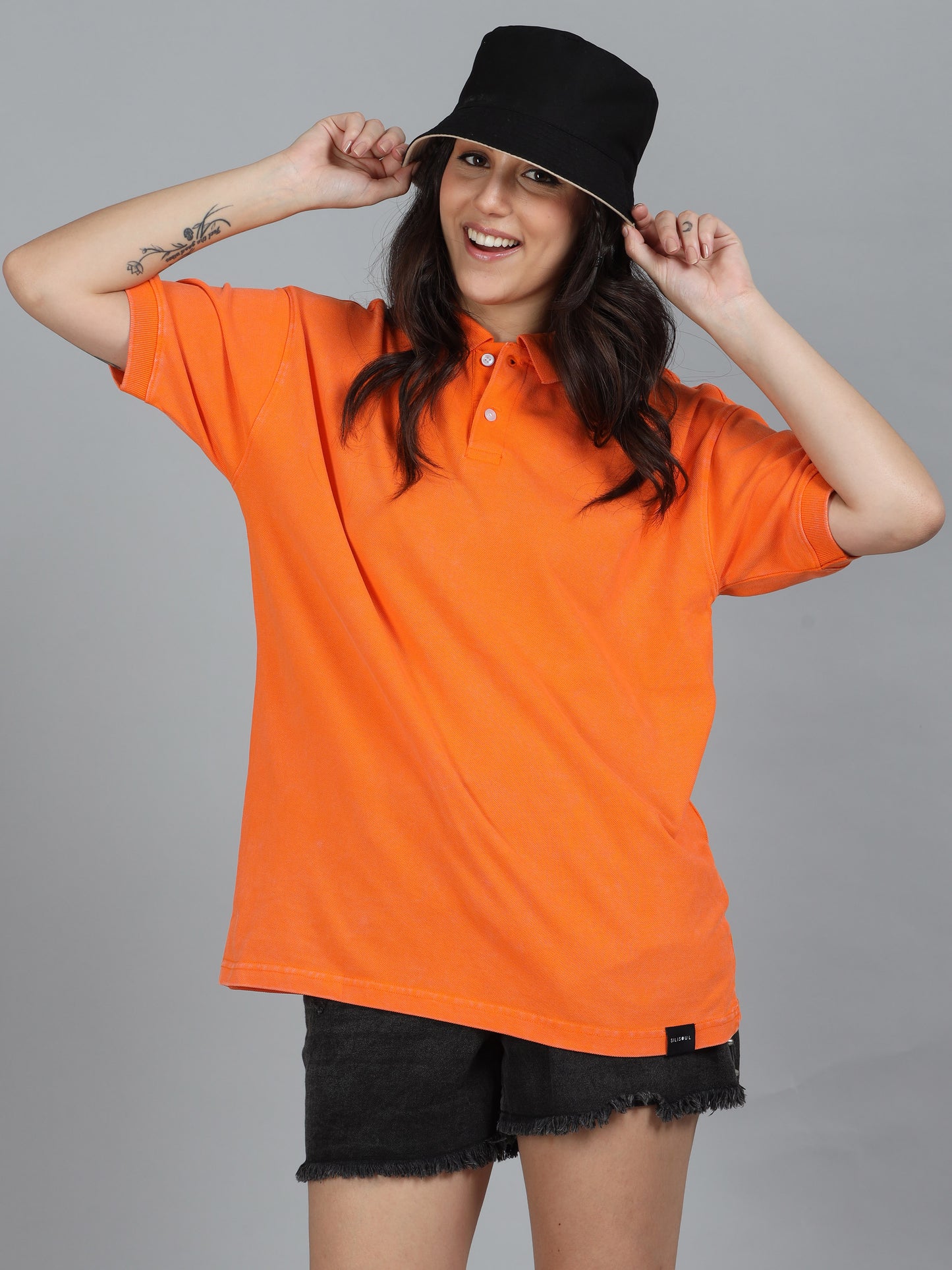 Women ACID Washed Oversized Polo T-Shirt SILISOUL