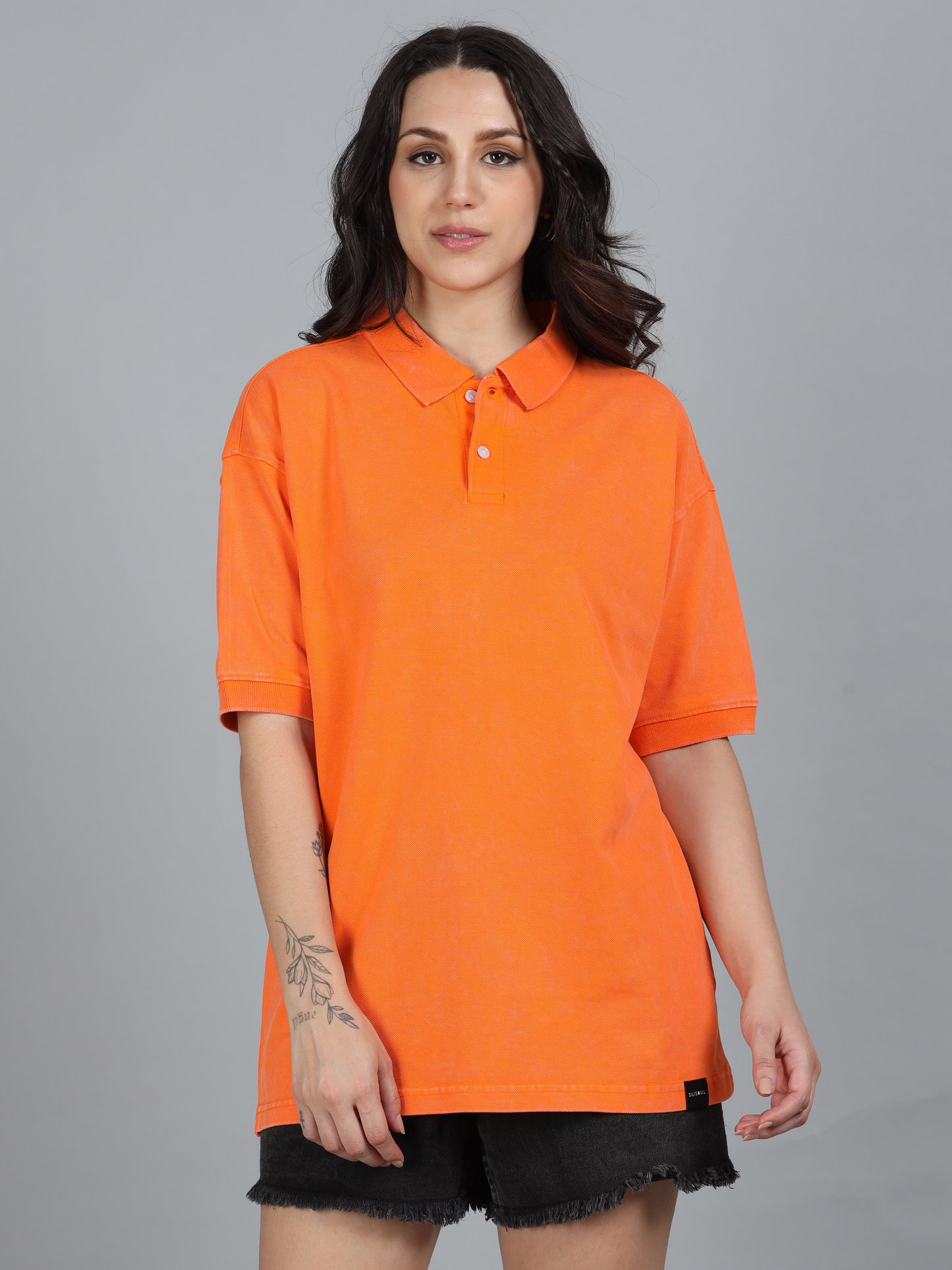 Women ACID Washed Oversized Polo T-Shirt SILISOUL