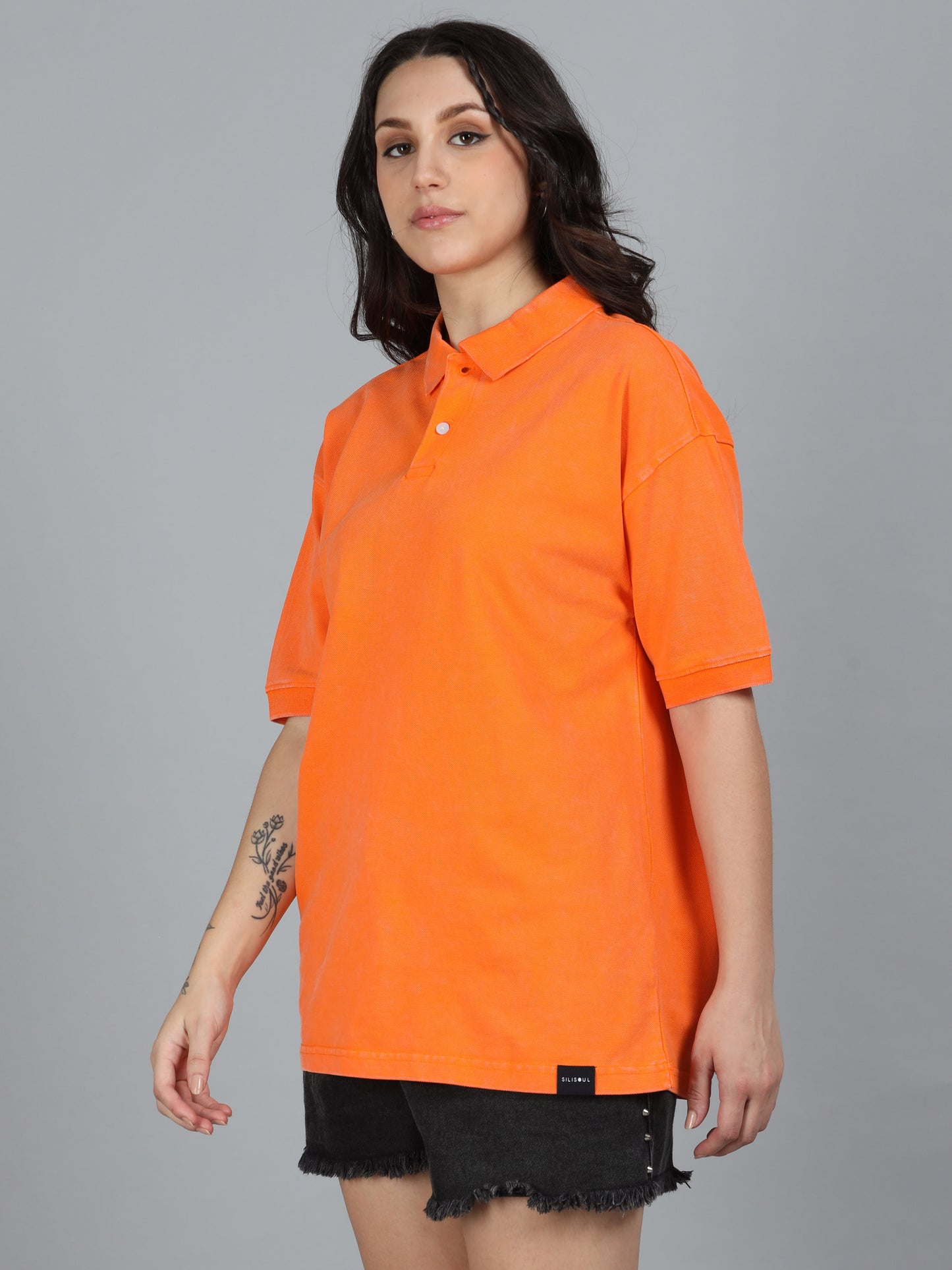 Women ACID Washed Oversized Polo T-Shirt SILISOUL