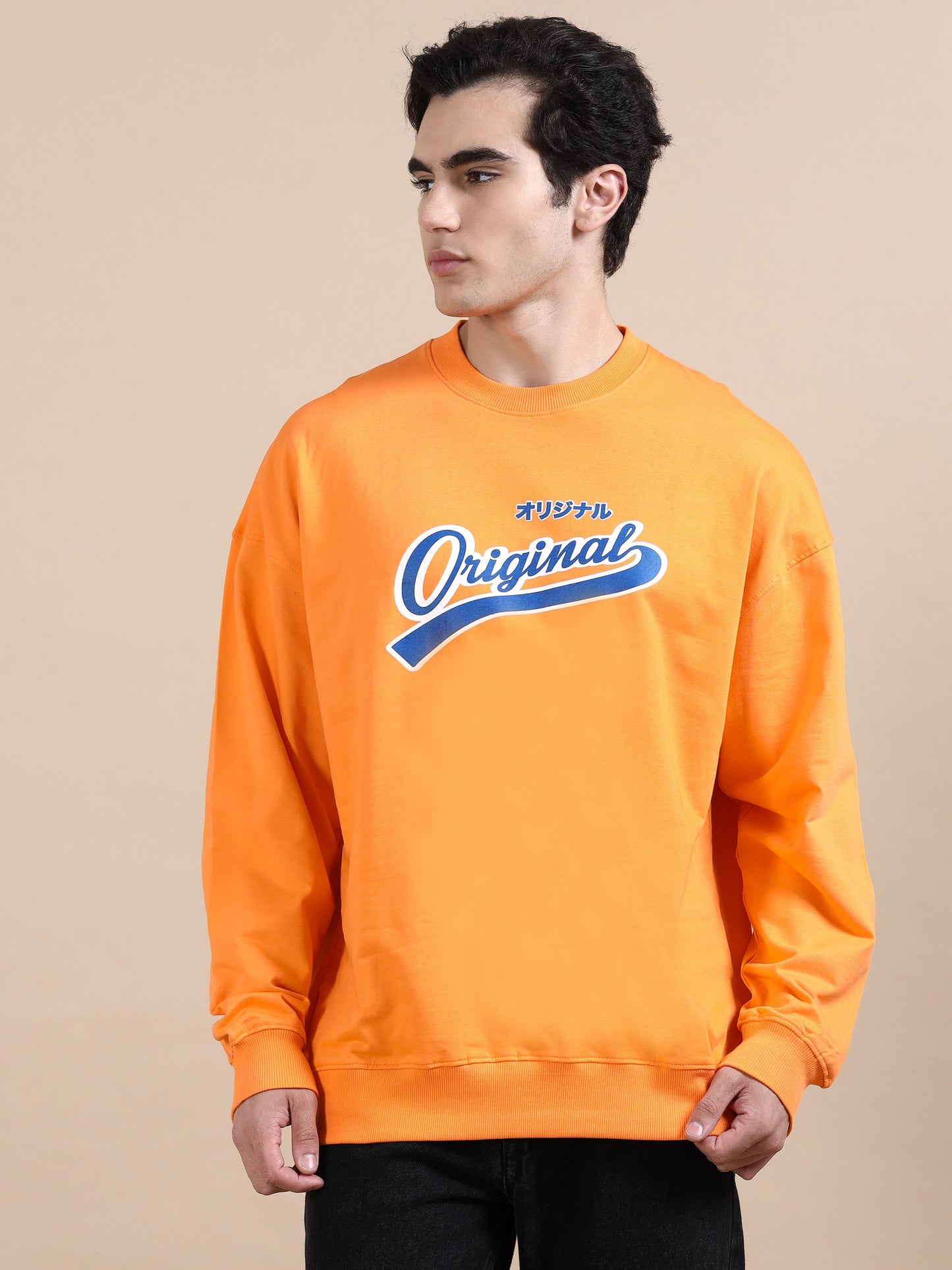 Men Printed Oversized Sweatshirt Pure Cotton Full Sleeve Orange