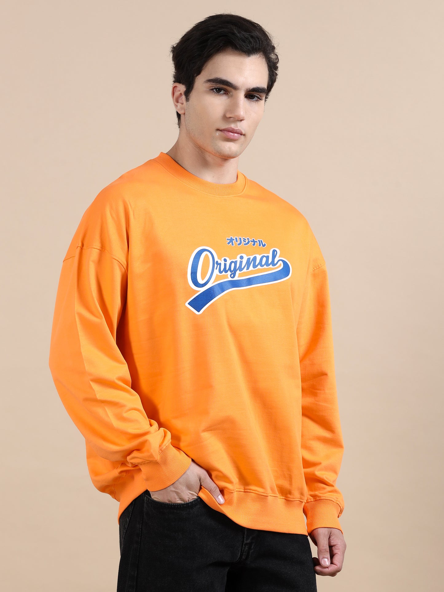 Men Printed Oversized Sweatshirt Pure Cotton Full Sleeve Orange