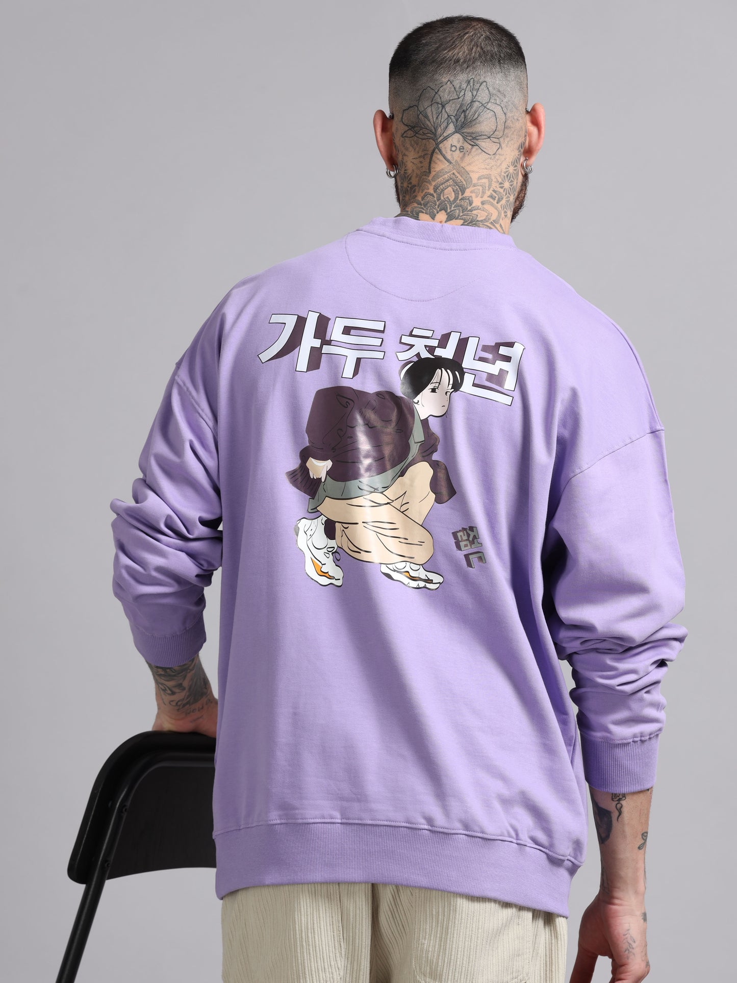 Men Printed Oversized Sweatshirt Pure Cotton Full Sleeve Lavender