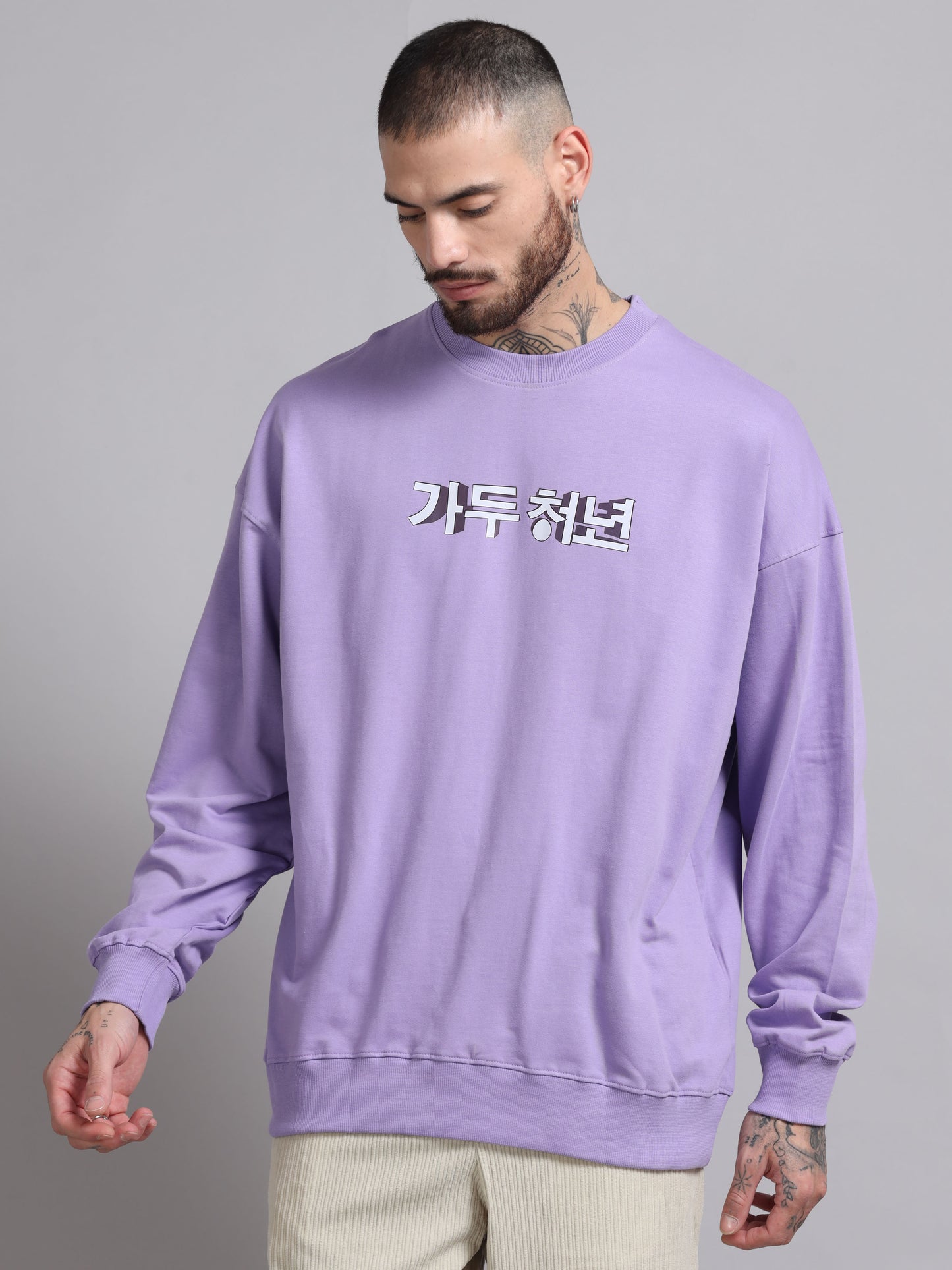 Men Printed Oversized Sweatshirt Pure Cotton Full Sleeve Lavender SILISOUL