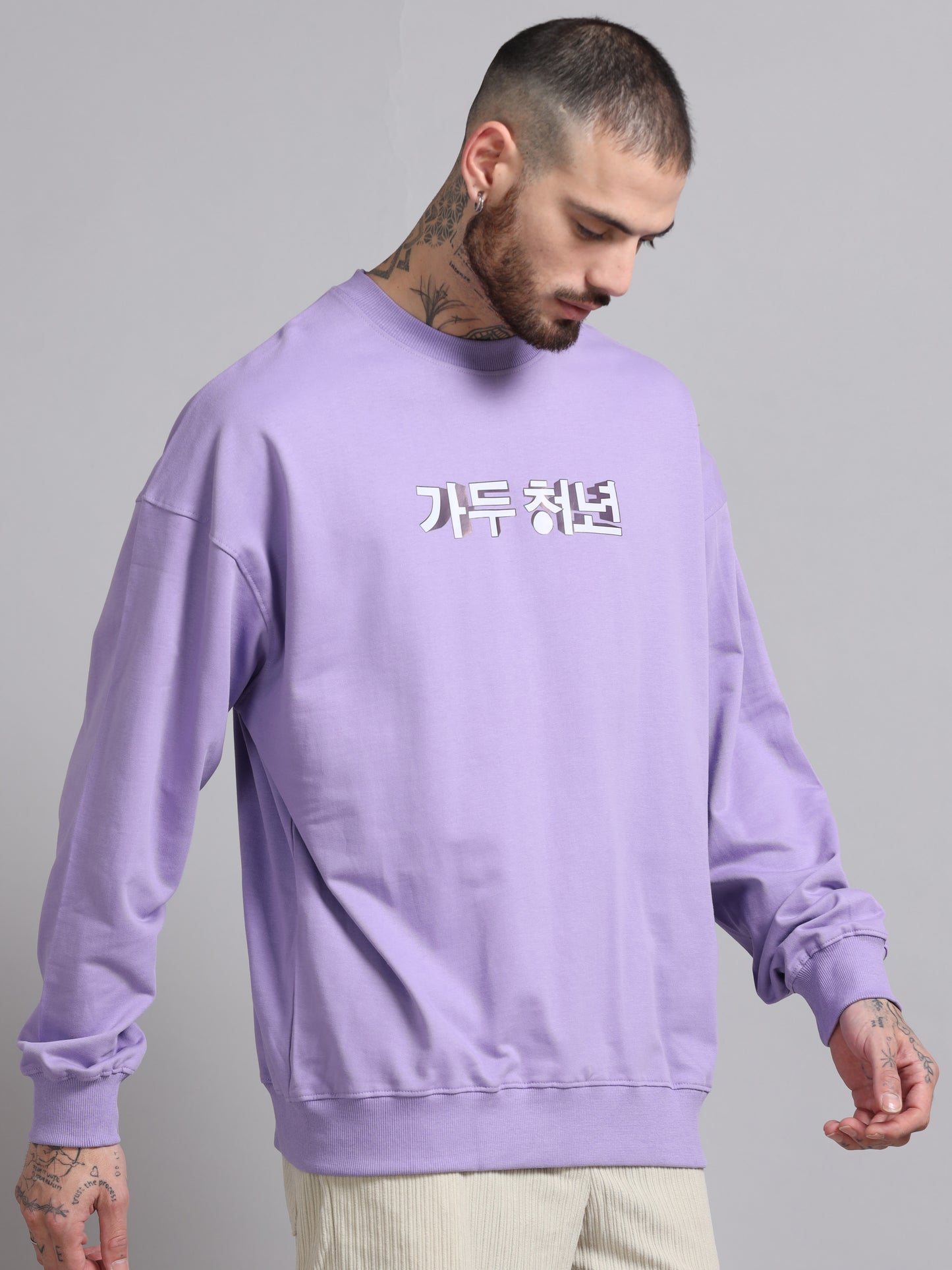 Men Printed Oversized Sweatshirt Pure Cotton Full Sleeve Lavender