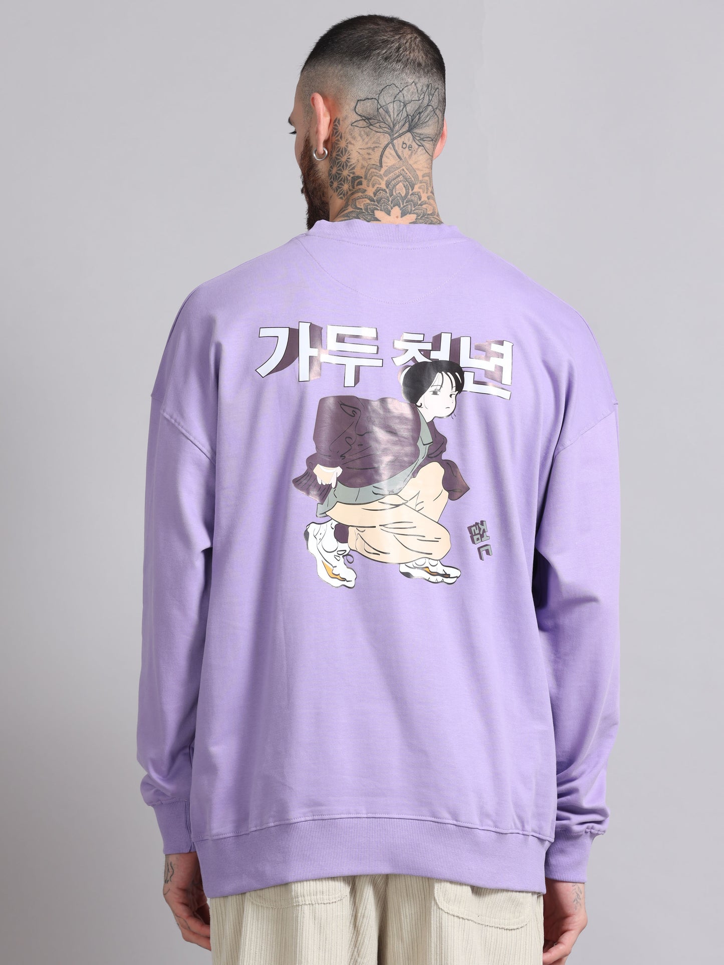 Men Printed Oversized Sweatshirt Pure Cotton Full Sleeve Lavender