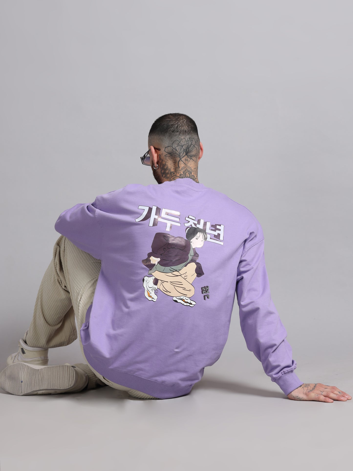 Men Printed Oversized Sweatshirt Pure Cotton Full Sleeve Lavender