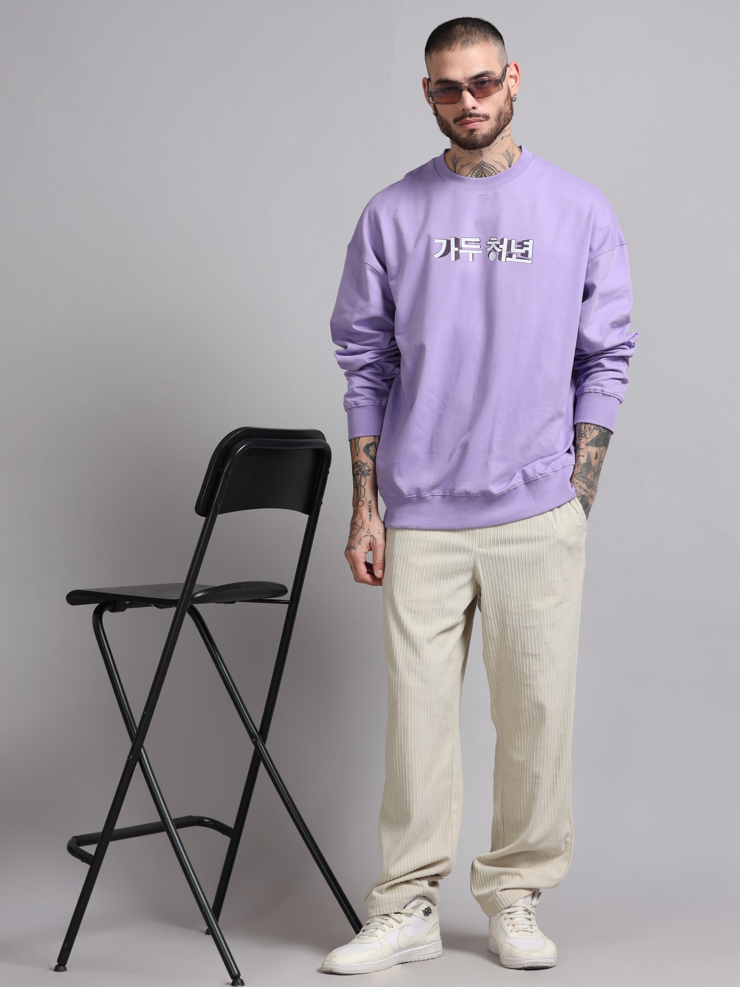 Men Printed Oversized Sweatshirt Pure Cotton Full Sleeve Lavender